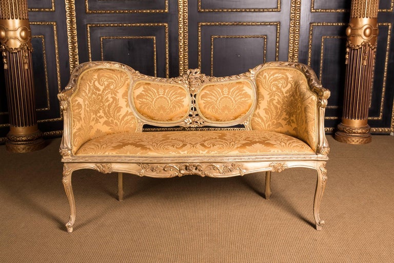 Elegant French Sofa with Golden Yellow Seat Cover in Louis Quinze Style