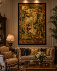 Elegant French Style Verdure & Romantic Court Scene Wool Tapestry Wall Hanging