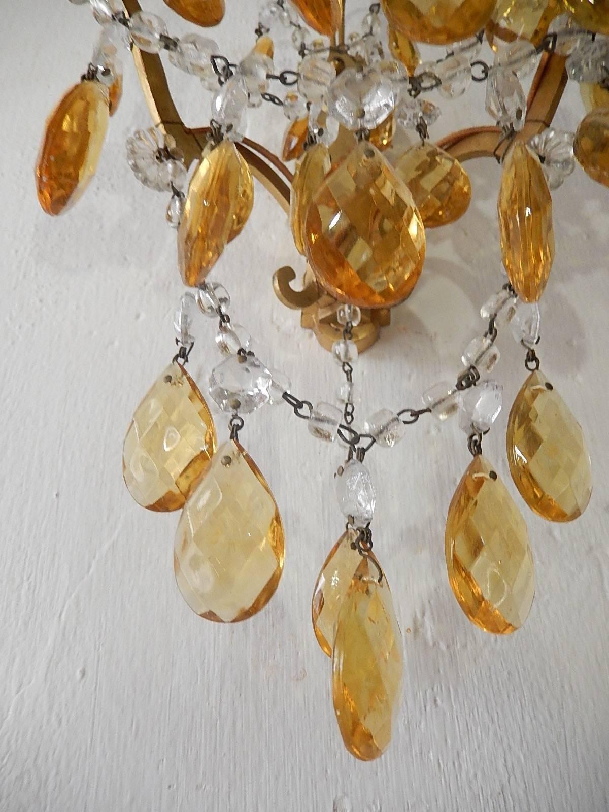 Elegant French Yellow Crystal Prisms Swags Sconces, circa 1920 6