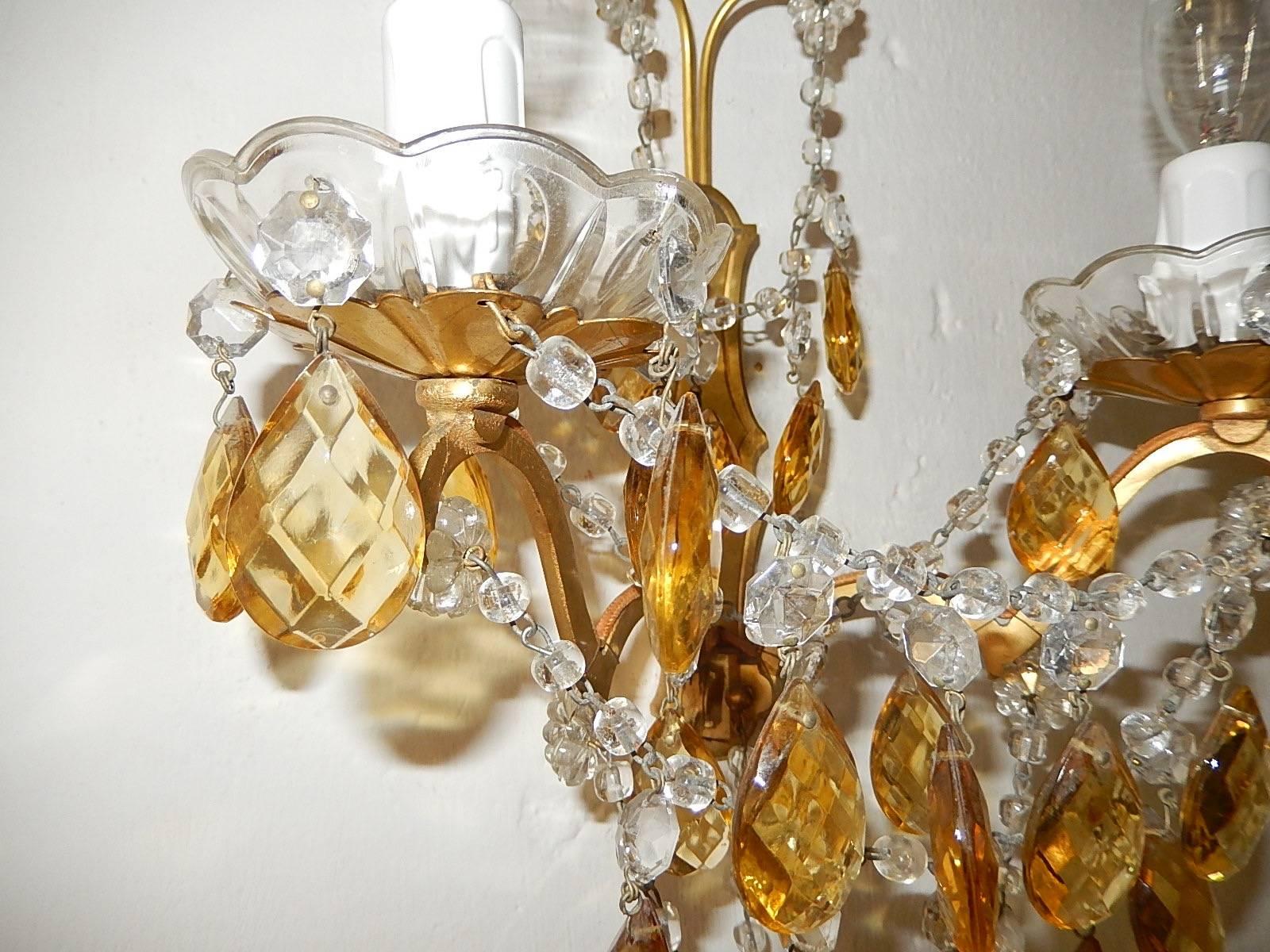 Elegant French Yellow Crystal Prisms Swags Sconces, circa 1920 1
