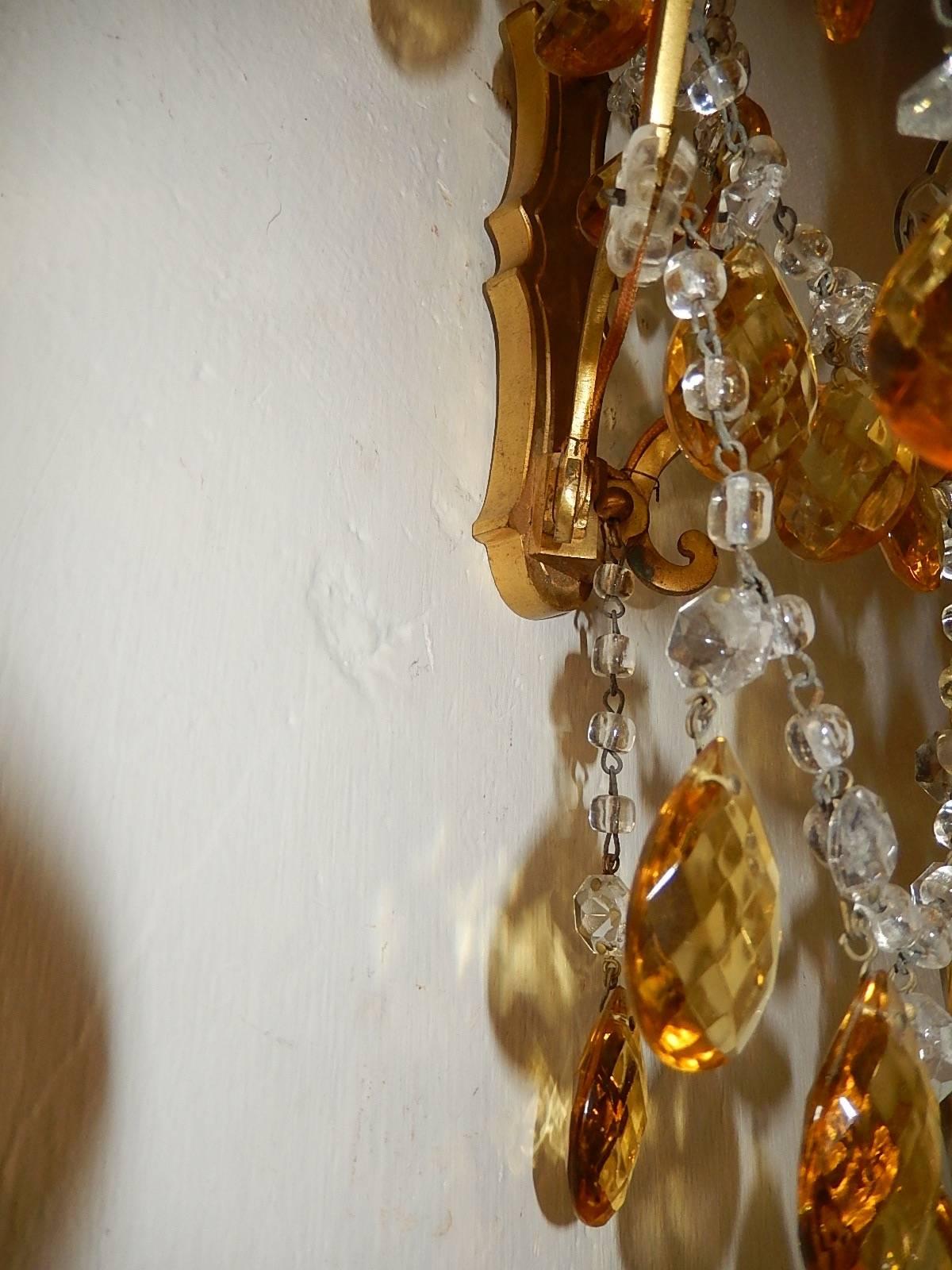 Elegant French Yellow Crystal Prisms Swags Sconces, circa 1920 2