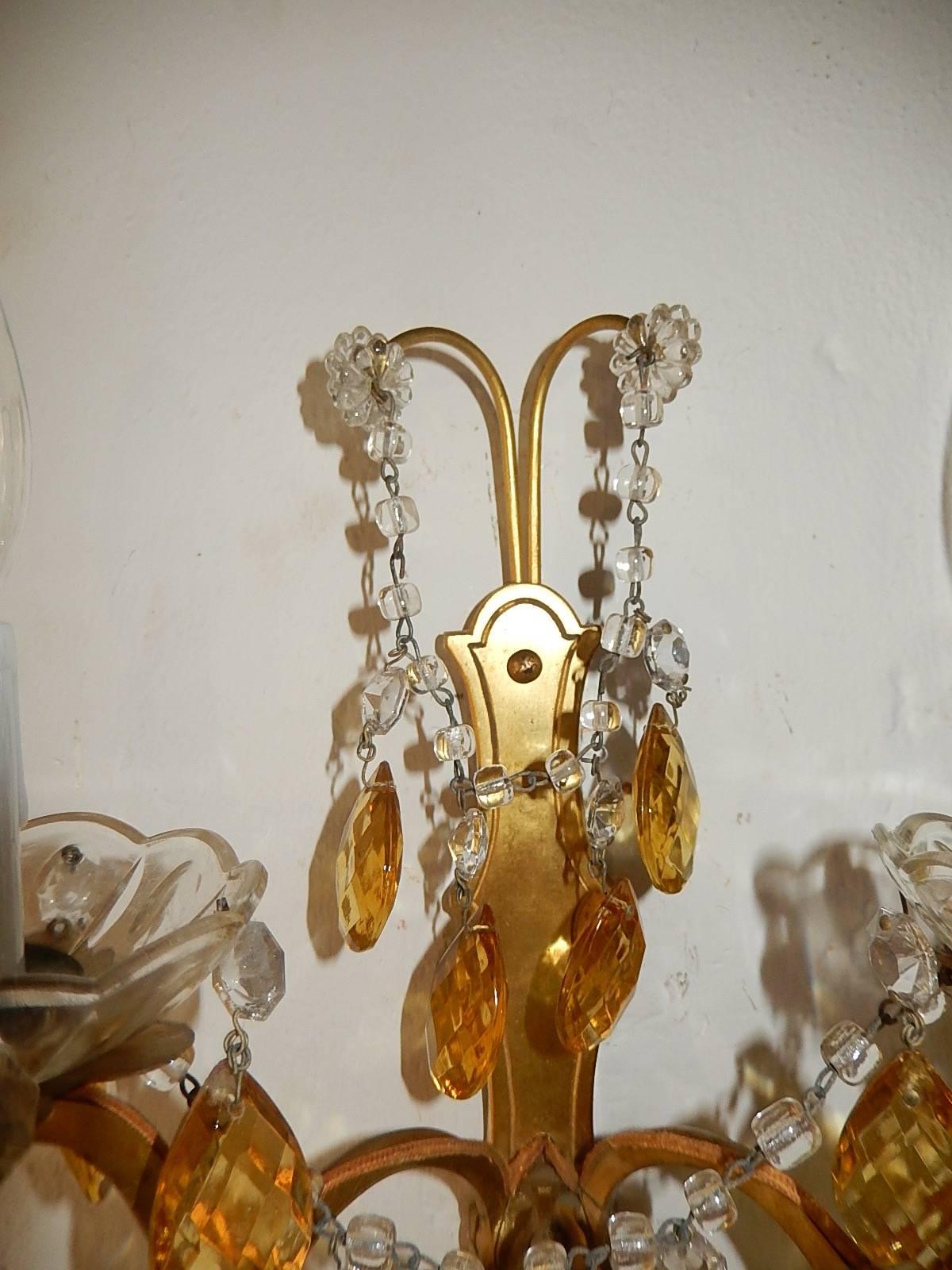 Elegant French Yellow Crystal Prisms Swags Sconces, circa 1920 3