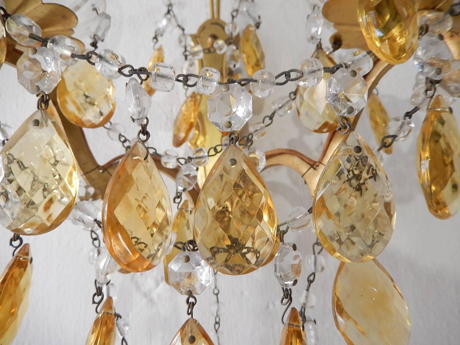 Elegant French Yellow Crystal Prisms Swags Sconces, circa 1920 5