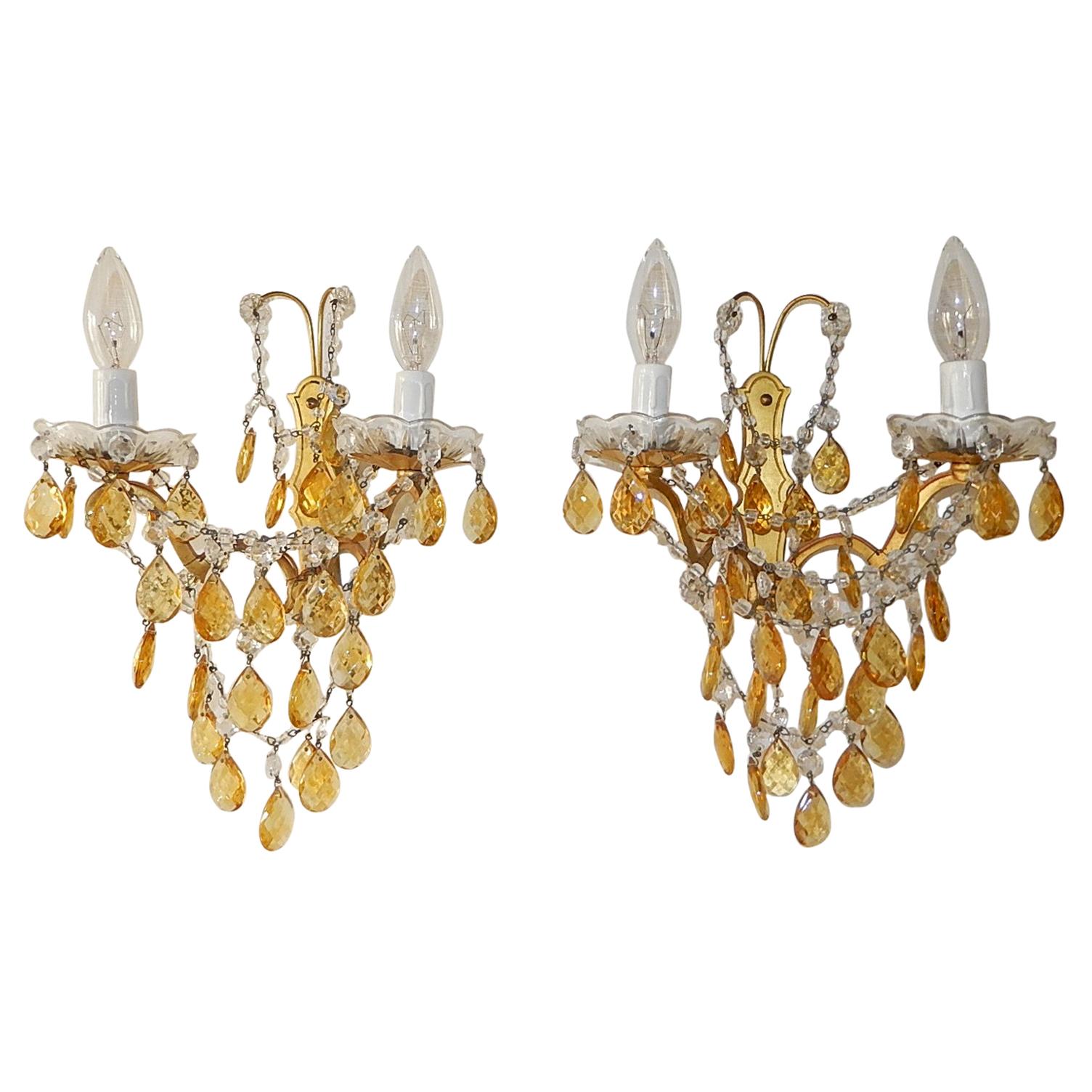 Elegant French Yellow Crystal Prisms Swags Sconces, circa 1920