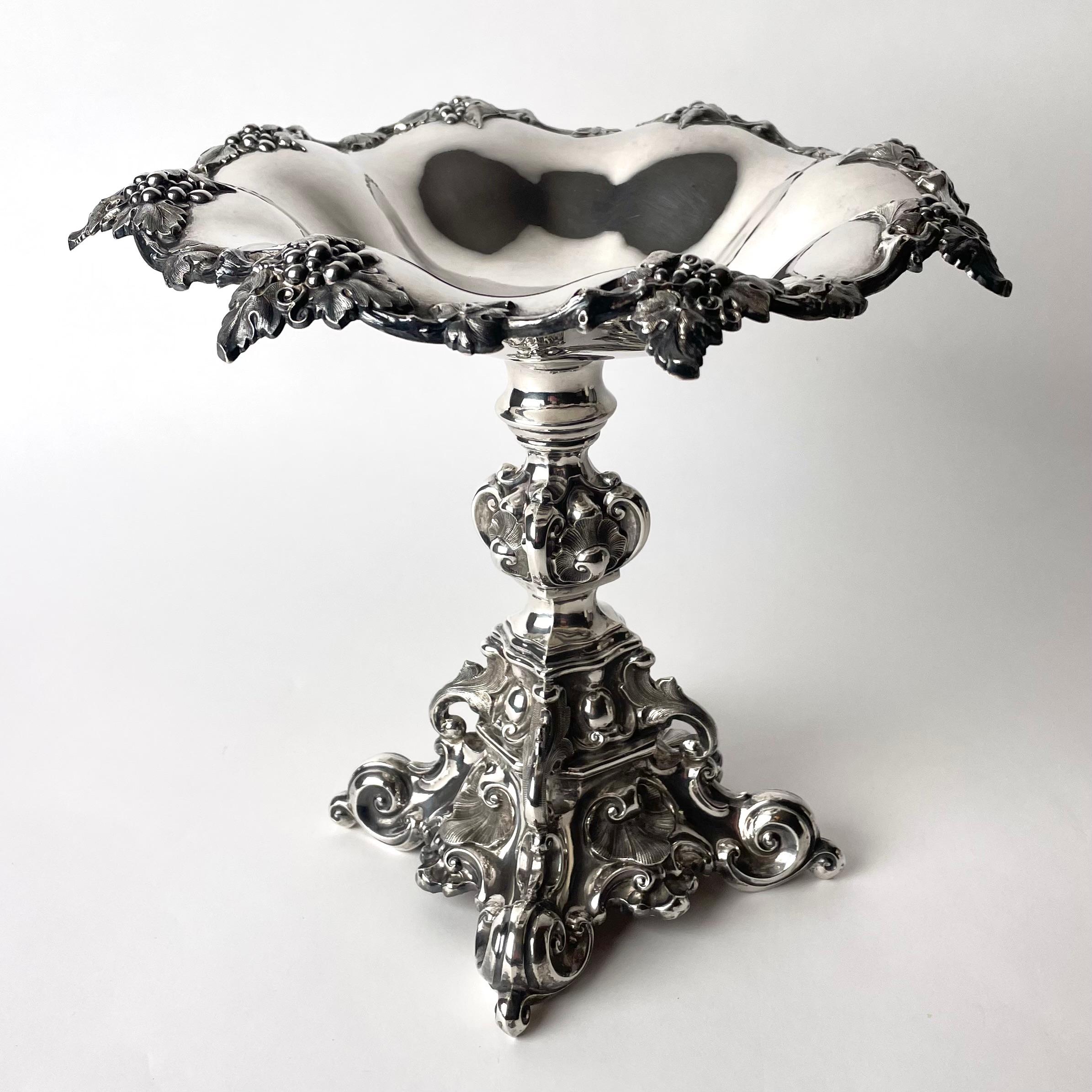 Very Elegant Fruit Bowl in hallmarked silver from Gothenburg, Sweden dated 1858 by L. Larson & Company. ( See photos)  Beautiful decorated  with bunches of grapes and Rococo elements. On the underside there is a later gift inscription  from 1942