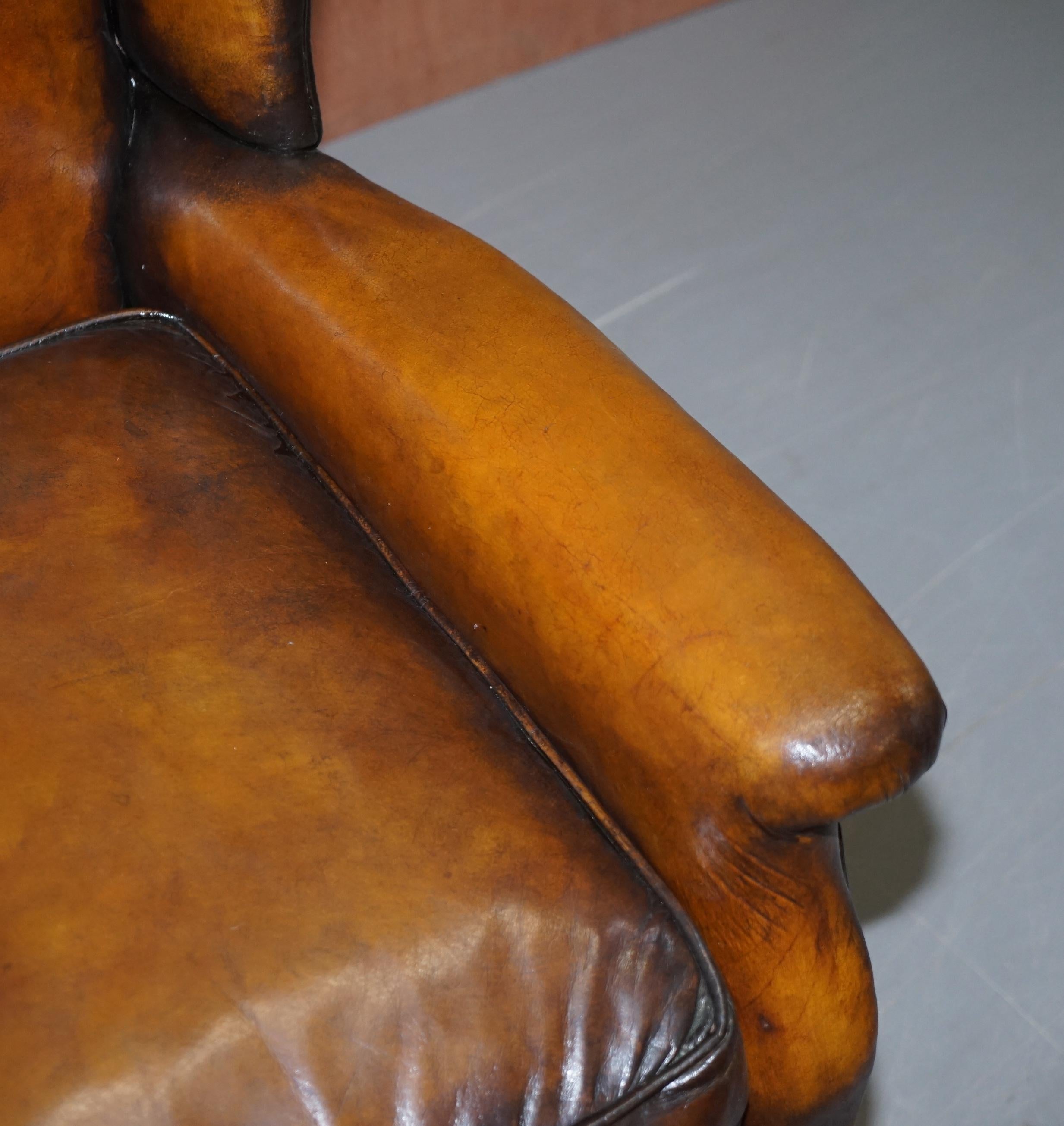 Elegant Fully Restored Edwardian Brown Leather Club Wingback Armchair circa 1900 4