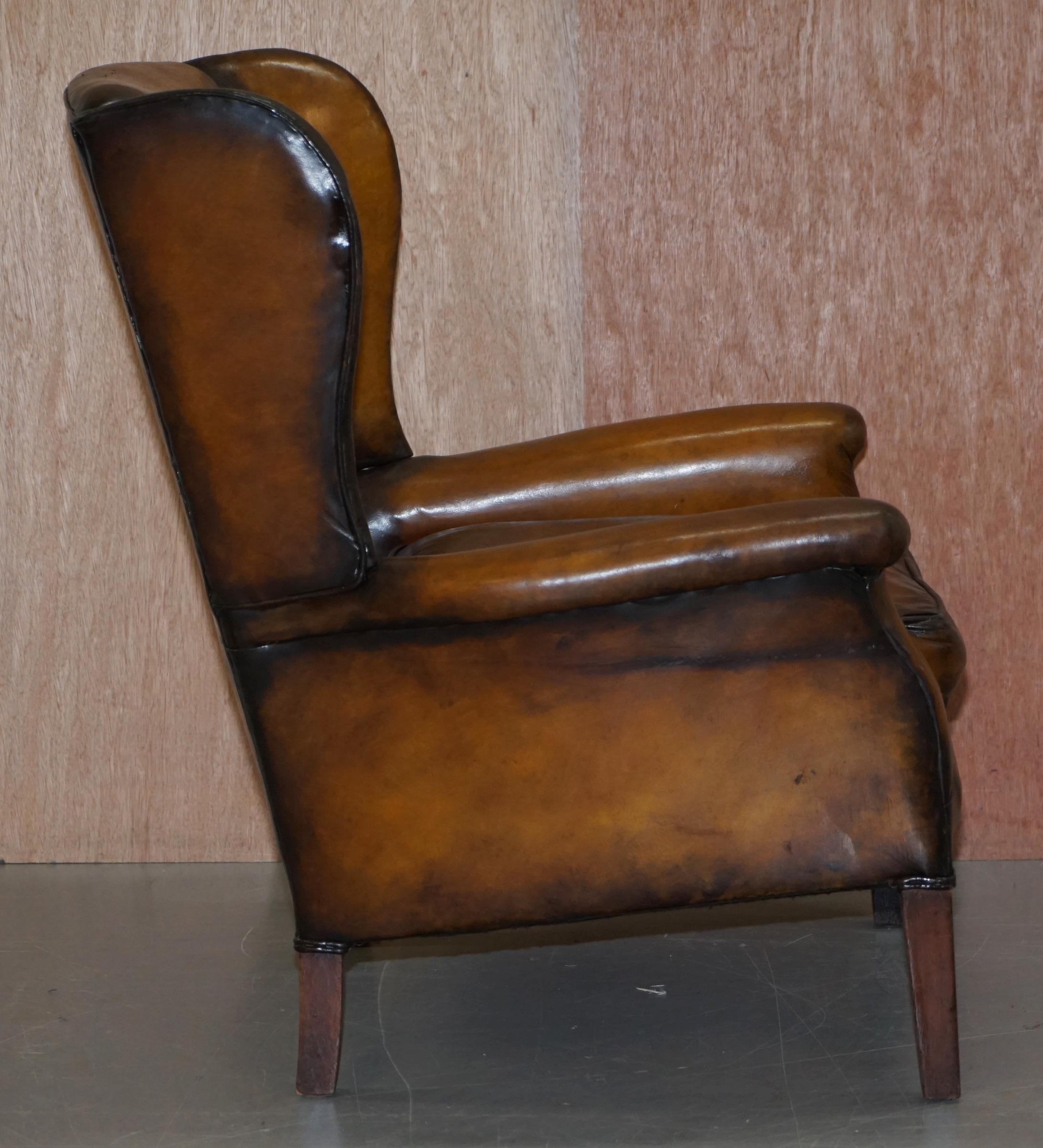 Elegant Fully Restored Edwardian Brown Leather Club Wingback Armchair circa 1900 5