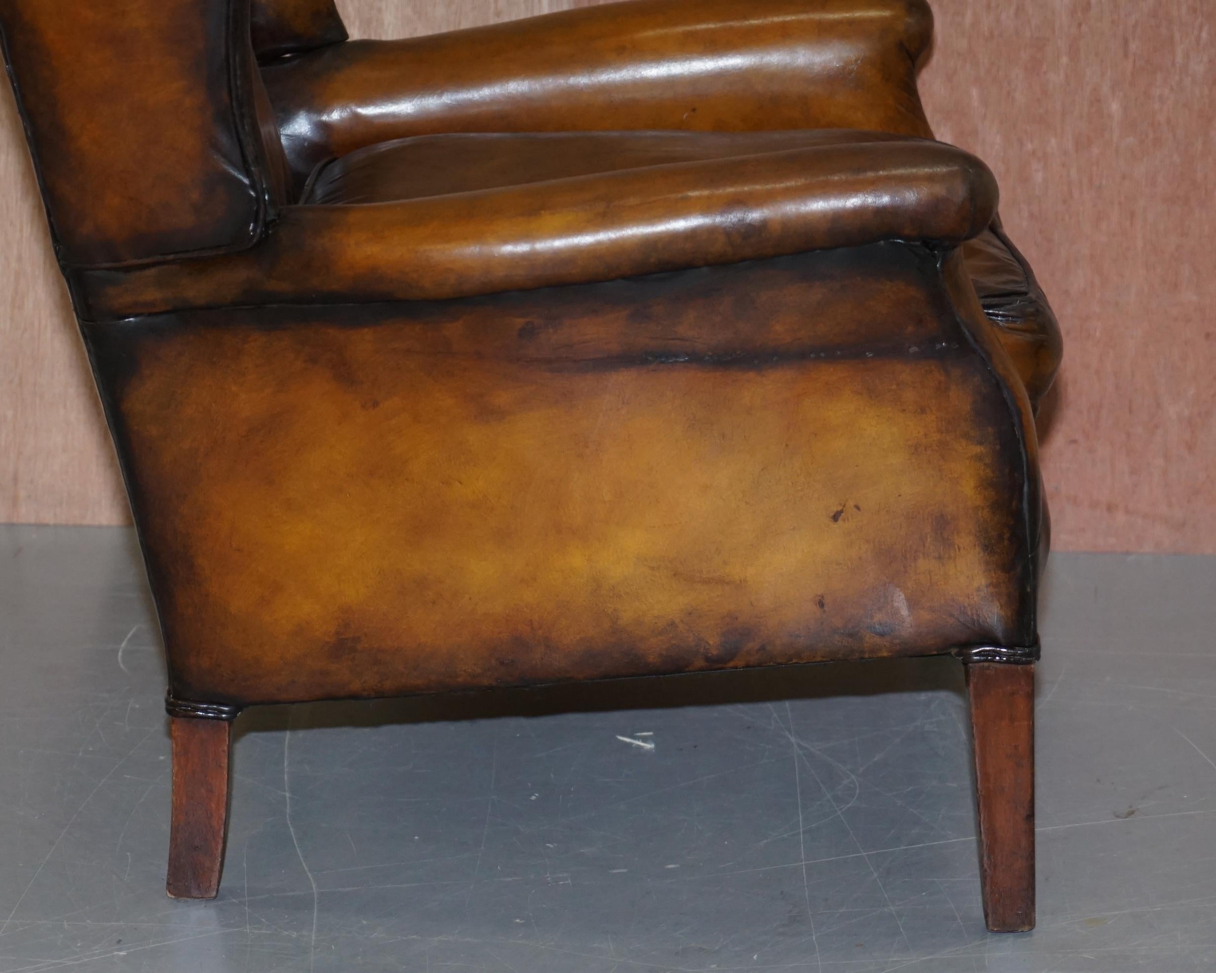 Elegant Fully Restored Edwardian Brown Leather Club Wingback Armchair circa 1900 6