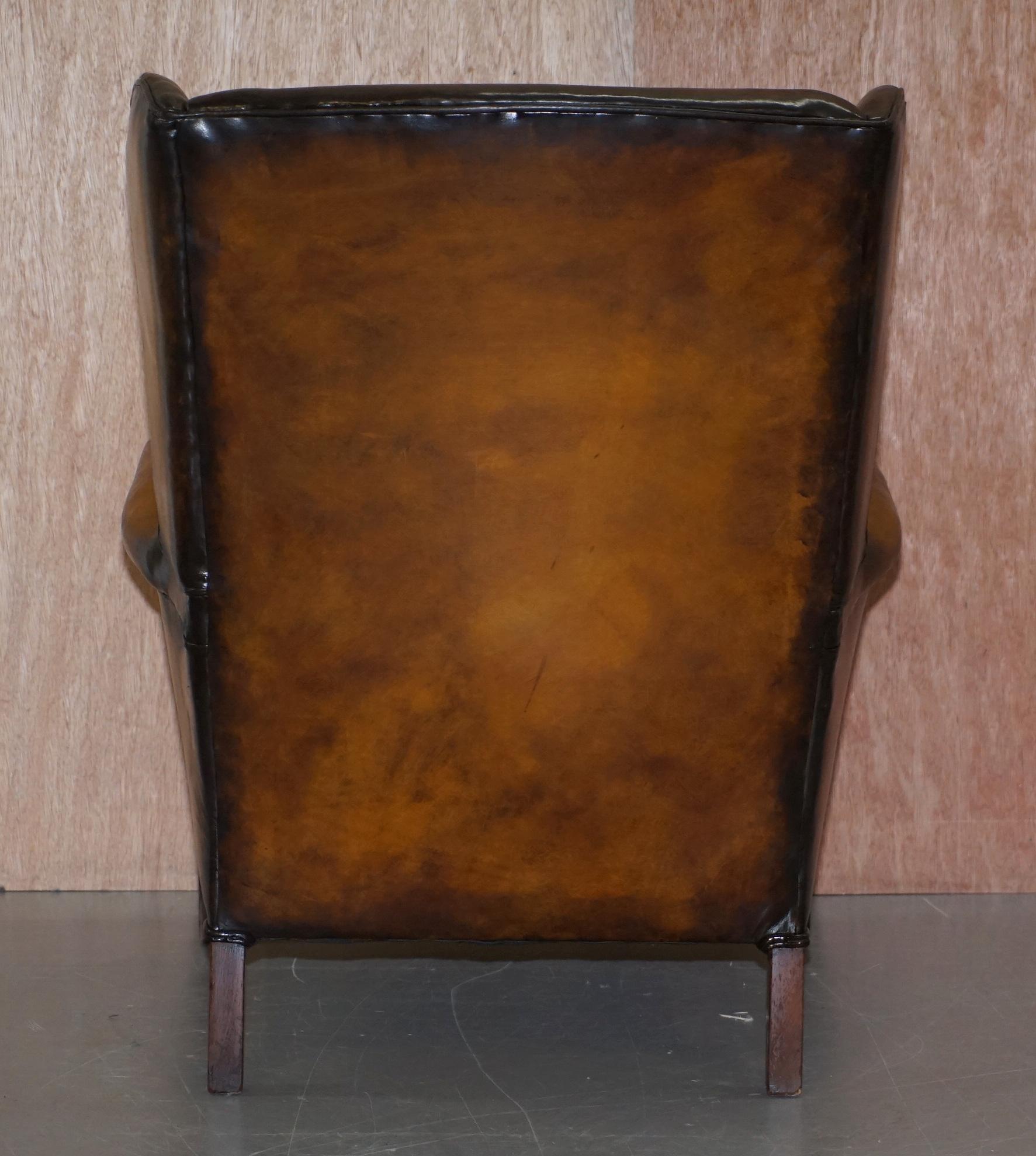 Elegant Fully Restored Edwardian Brown Leather Club Wingback Armchair circa 1900 10