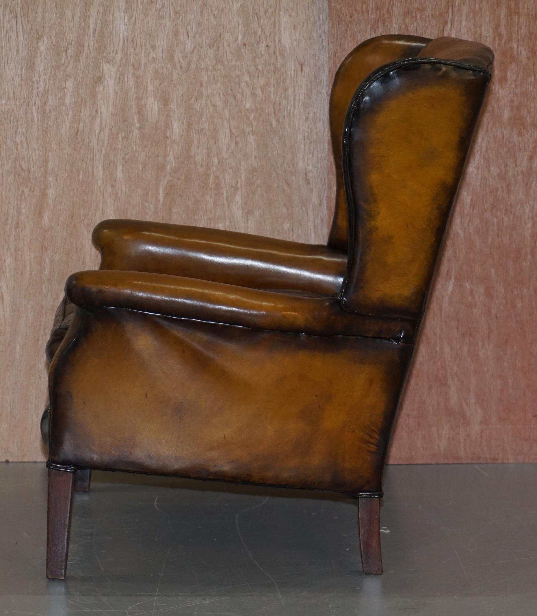 Elegant Fully Restored Edwardian Brown Leather Club Wingback Armchair circa 1900 11