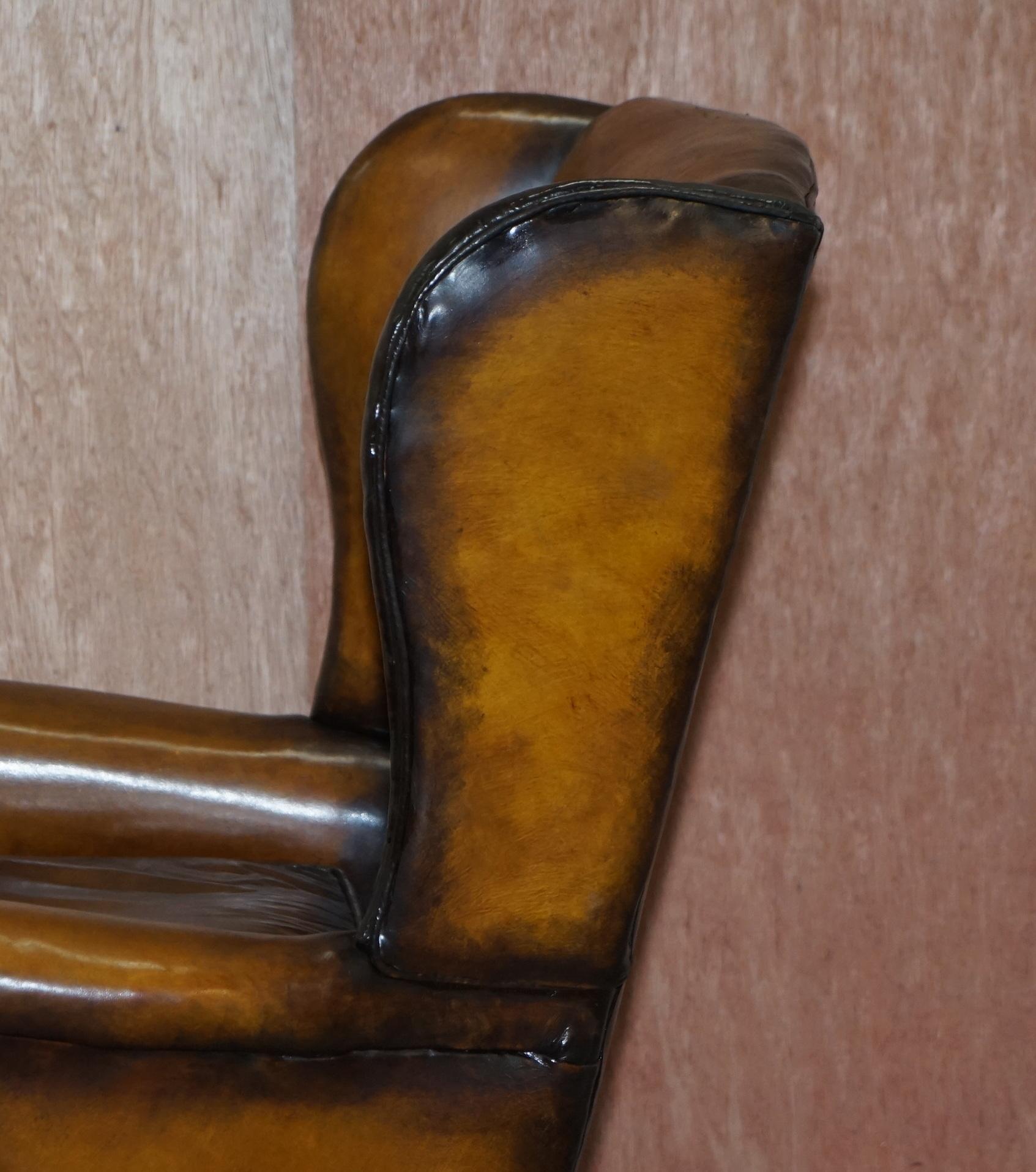 Elegant Fully Restored Edwardian Brown Leather Club Wingback Armchair circa 1900 13