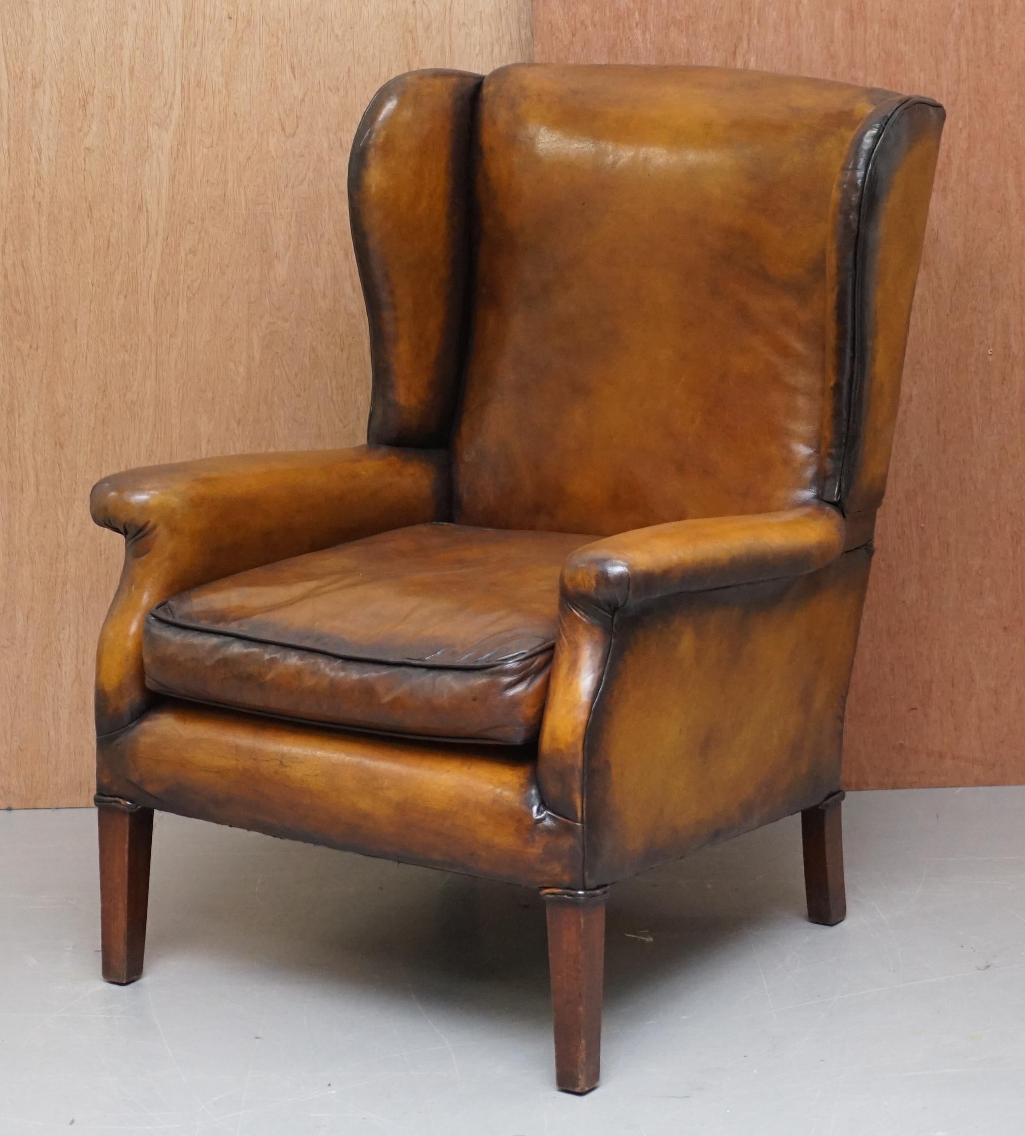 English Elegant Fully Restored Edwardian Brown Leather Club Wingback Armchair circa 1900