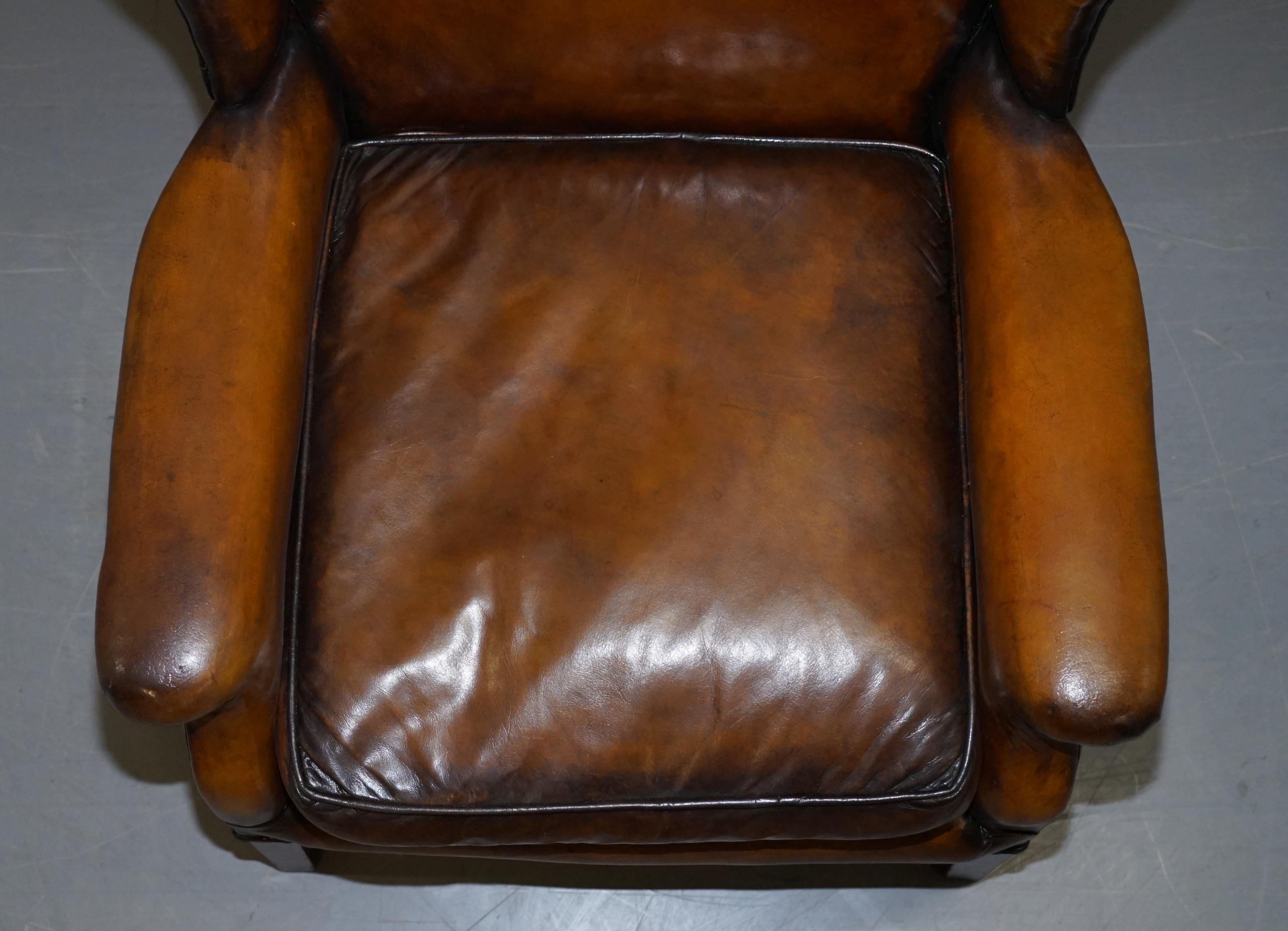 Elegant Fully Restored Edwardian Brown Leather Club Wingback Armchair circa 1900 1