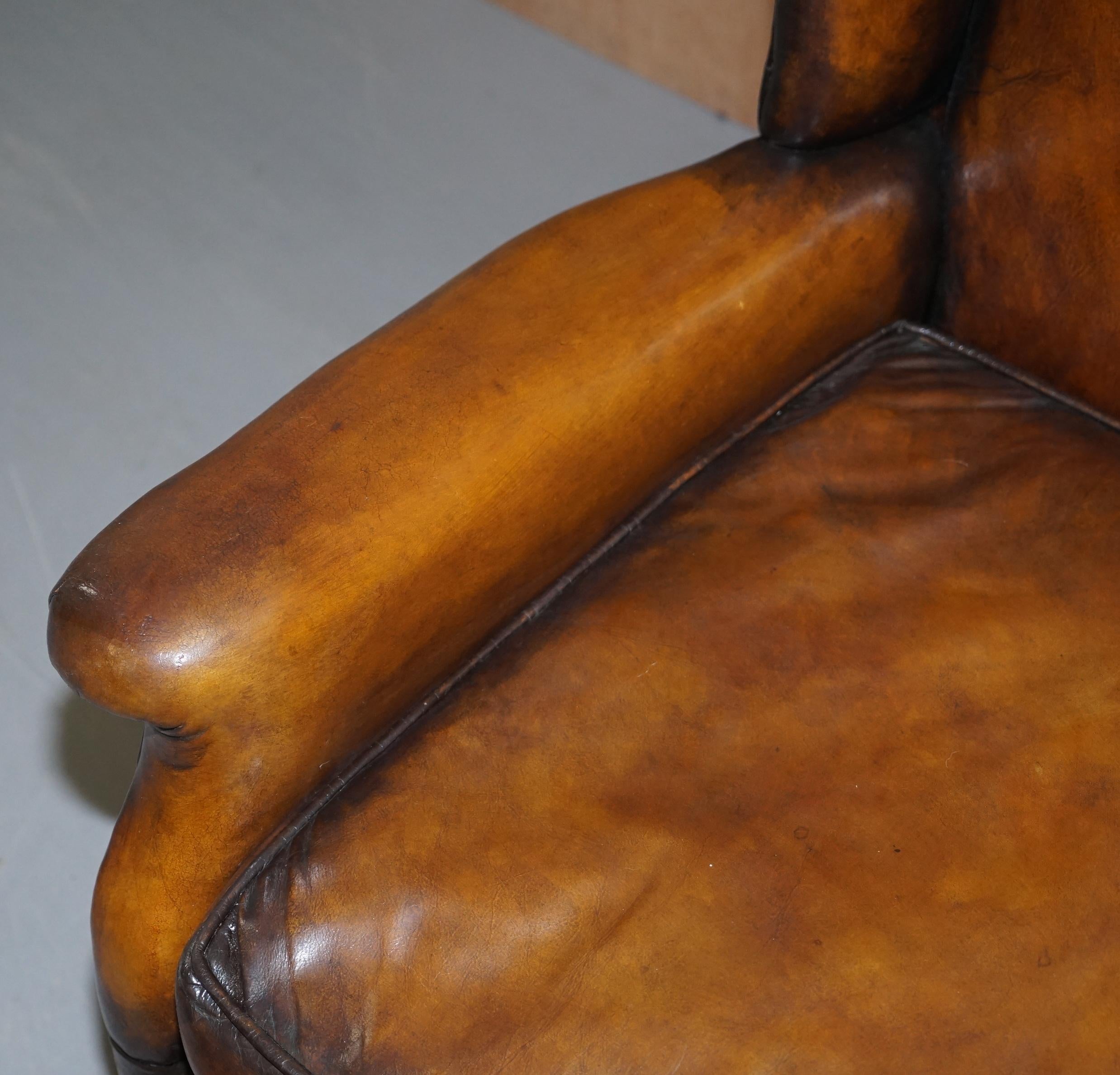 Elegant Fully Restored Edwardian Brown Leather Club Wingback Armchair circa 1900 2
