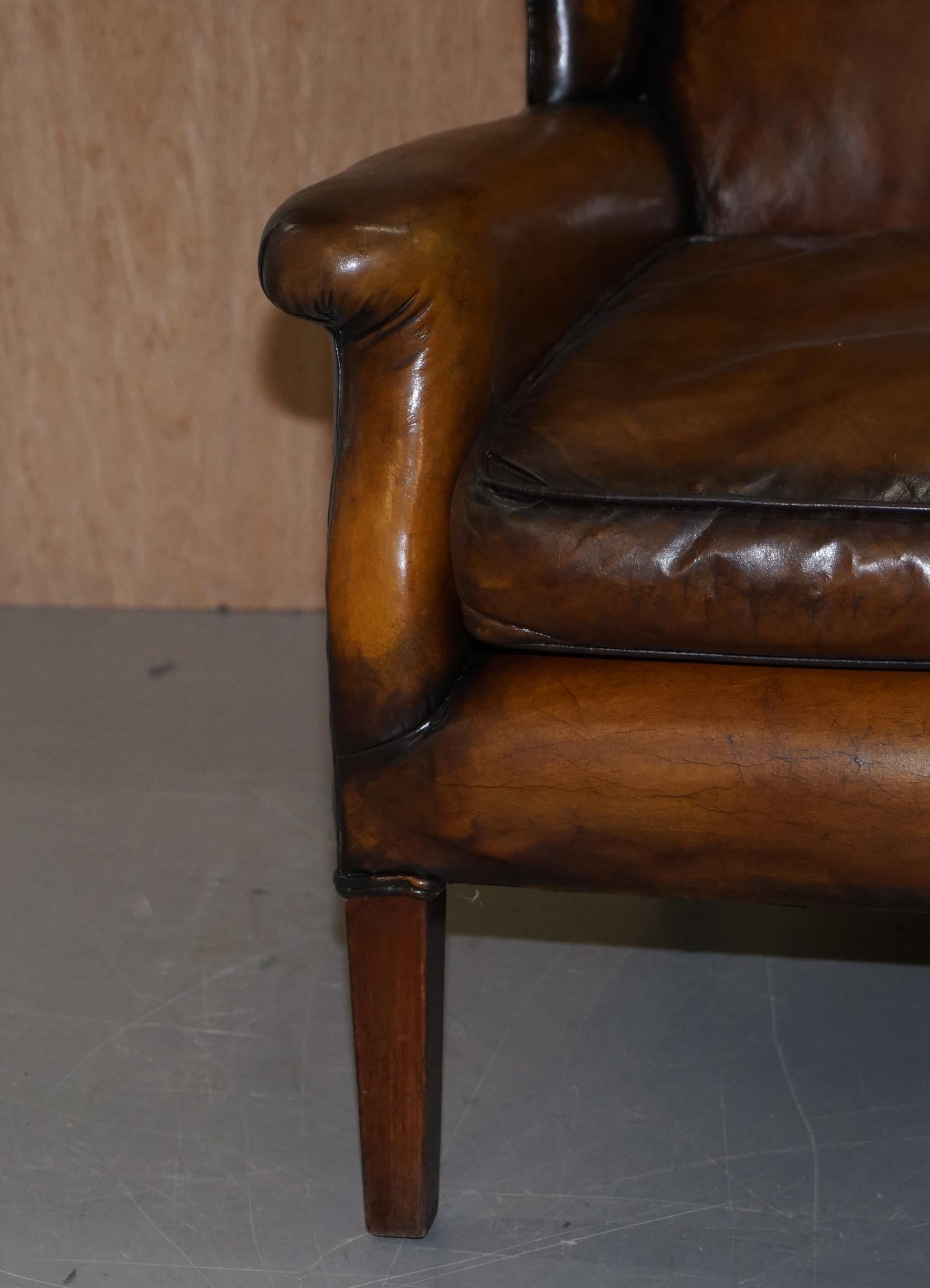 Elegant Fully Restored Edwardian Brown Leather Club Wingback Armchair circa 1900 2