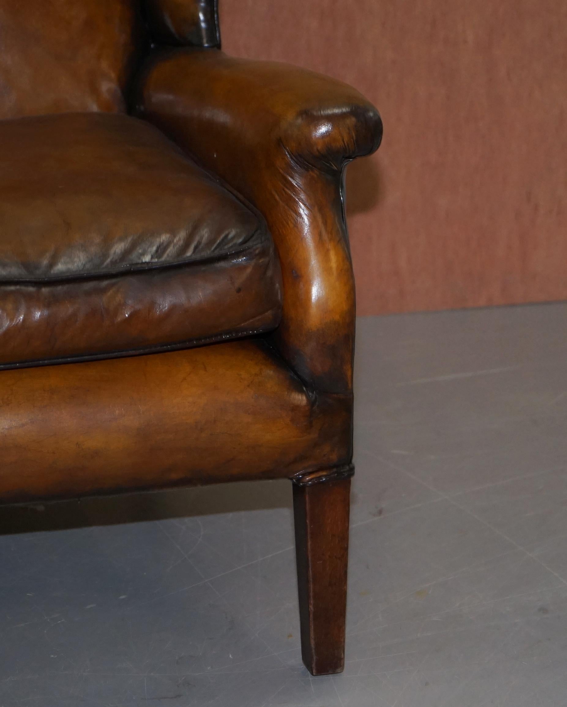 Elegant Fully Restored Edwardian Brown Leather Club Wingback Armchair circa 1900 4