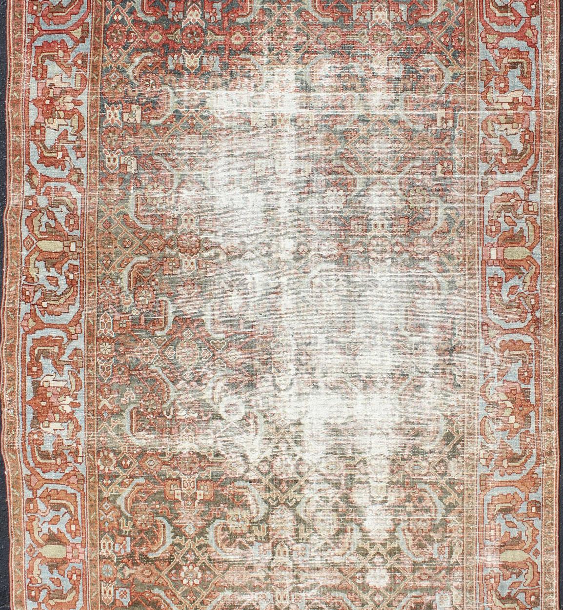 Malayer Elegant Geometric All-Over Persian Hamadan Runner in Orange and Red Tones For Sale