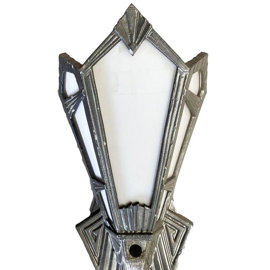 American Geometric Art Deco Aluminum Wall Sconce w/ Slat Milk Glass Panels, 4 Available For Sale