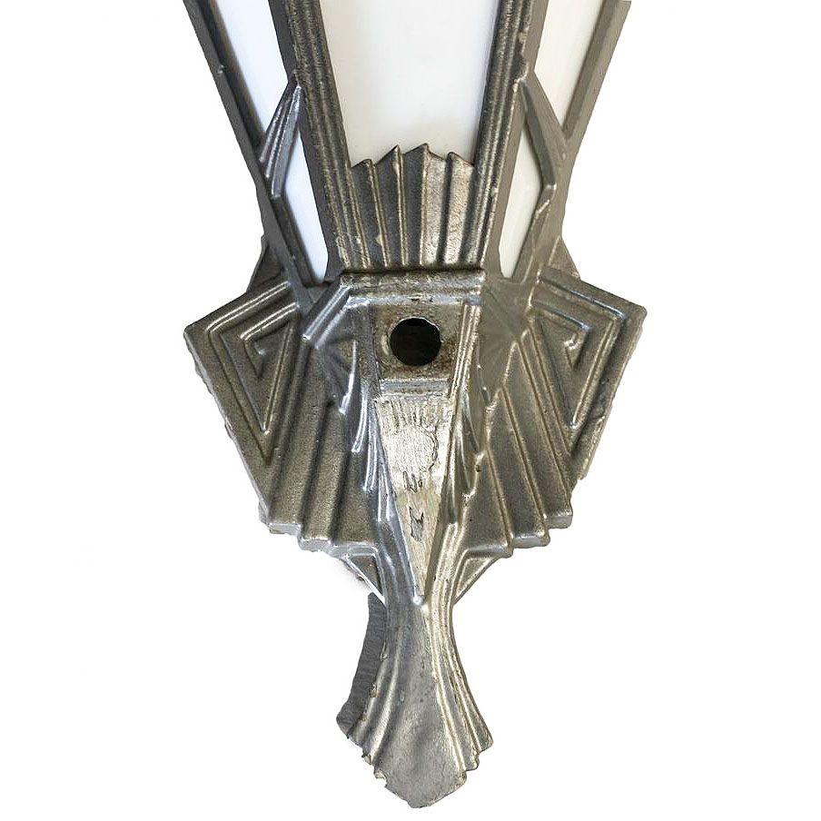 Geometric Art Deco Aluminum Wall Sconce w/ Slat Milk Glass Panels, 4 Available In Excellent Condition For Sale In Van Nuys, CA