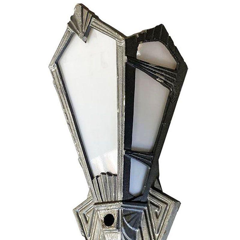 Early 20th Century Geometric Art Deco Aluminum Wall Sconce w/ Slat Milk Glass Panels, 4 Available For Sale