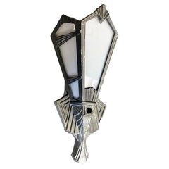 Geometric Art Deco Aluminum Wall Sconce w/ Slat Milk Glass Panels, 4 Available