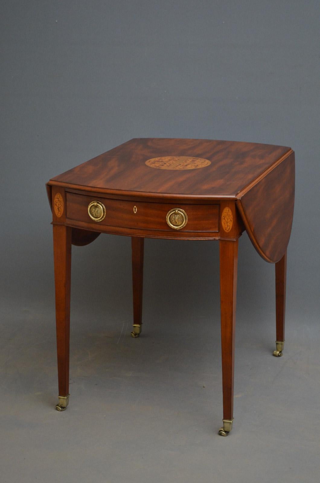 Sn3645, very elegant George III, mahogany Pembroke table, having attractive figured mahogany, drop leaf top with finely inlaid centre above single drawer and dummy drawer to opposite side, all fitted with original brass handles and ivory escutcheon,