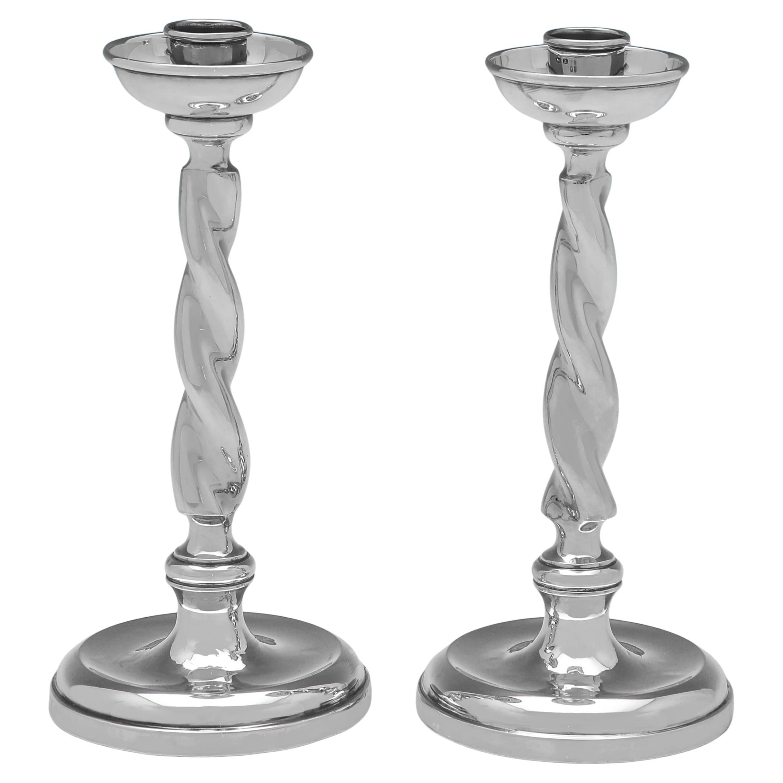 Elegant George V Sterling Silver Barley-Twist Candlesticks, 1924