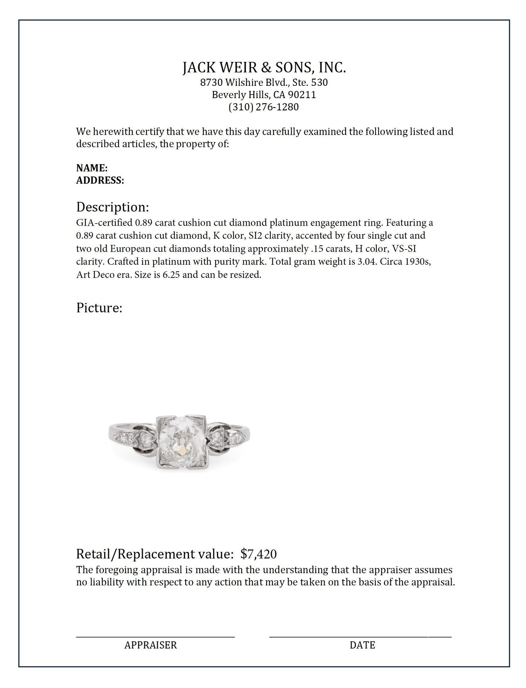 Elegance GIA 0,89 Karat Diamant-Verlobungsring mit Kissenschliff aus Platin für Damen oder Herren