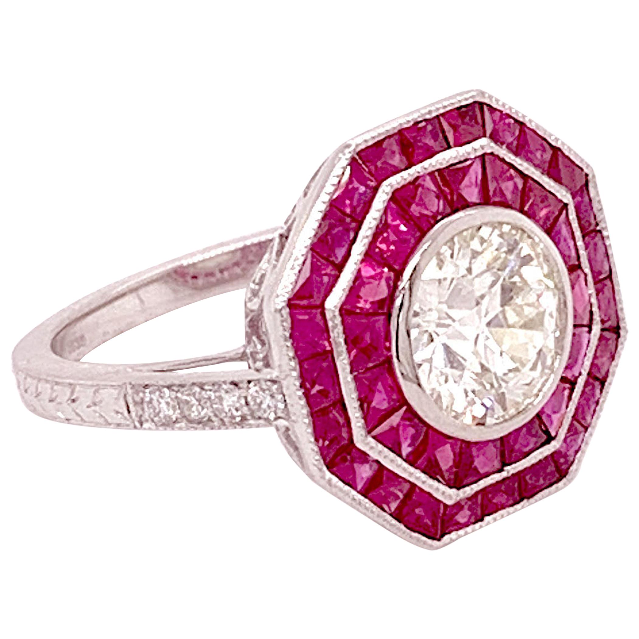 Elegant GIA Certified 1.46 Carat Round Diamond and Ruby Ring