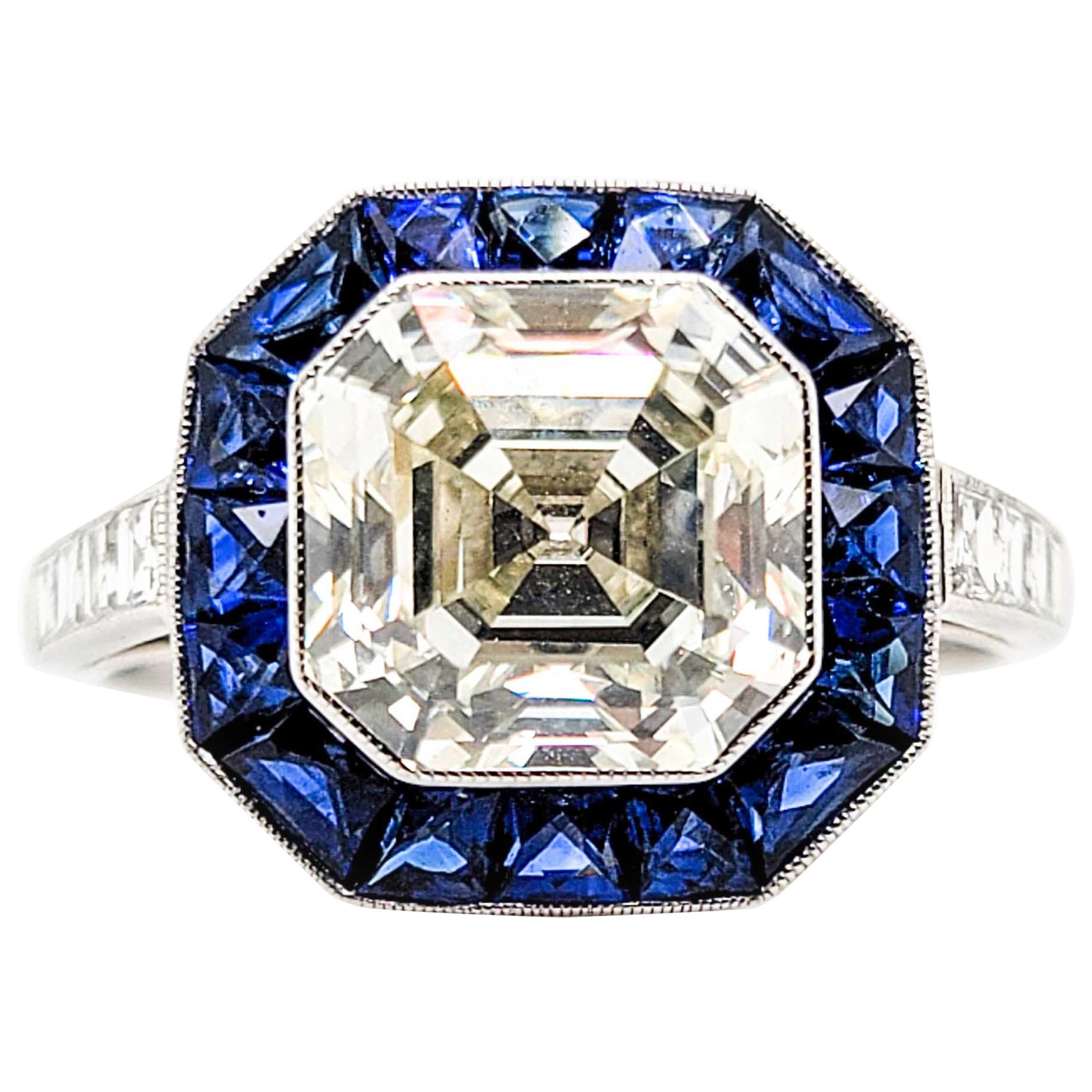 Sophia D GIA Certified 3.37 Carat Square Cut Diamond and Blue Sapphire Ring For Sale