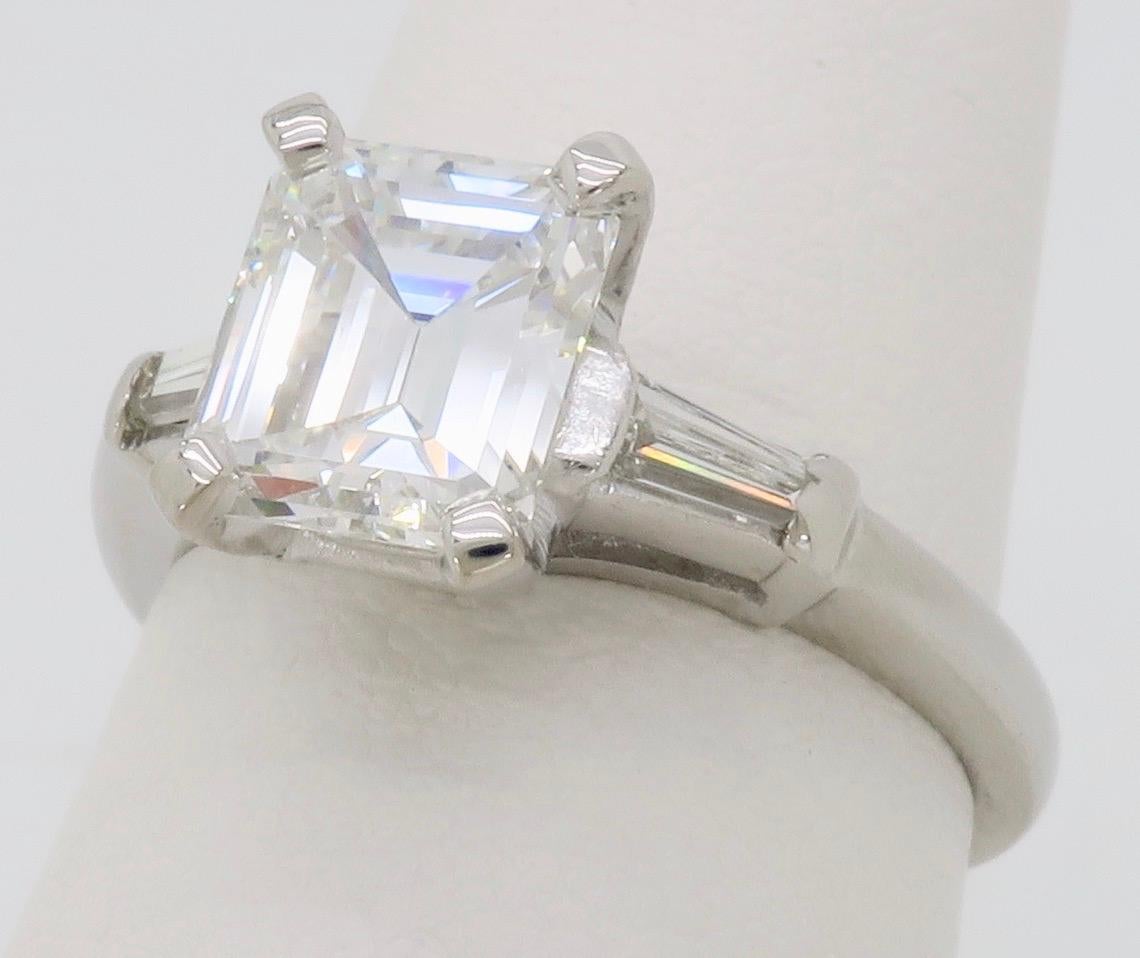 Elegant GIA Certified Emerald Cut Diamond Engagement Ring with Tapered Baguettes In Excellent Condition In Webster, NY