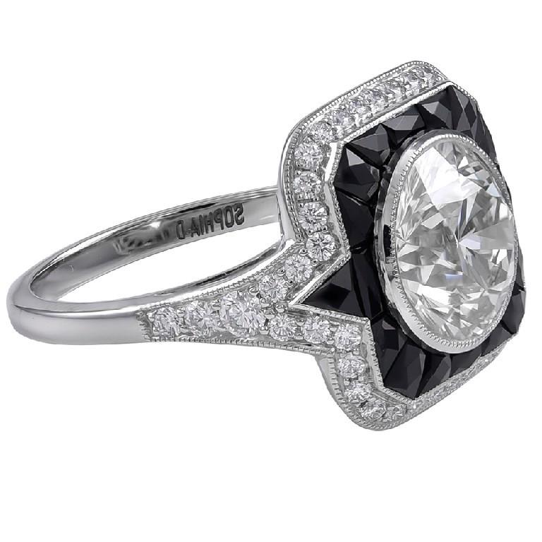 Unique platinum strong deep black onyx with center diamond weighing 3.04 carat featuring diamonds weighing 0.43 carat ring. 

Sophia D by Joseph Dardashti LTD has been known worldwide for 35 years and are inspired by classic Art Deco design that