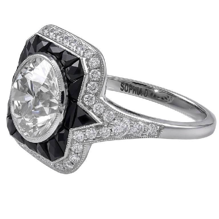 Round Cut Sophia D, GIA Certified 3.04 Carat Platinum Diamond and Onyx Ring For Sale