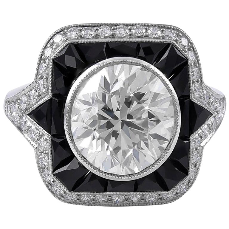 Sophia D, GIA Certified 3.04 Carat Platinum Diamond and Onyx Ring For Sale