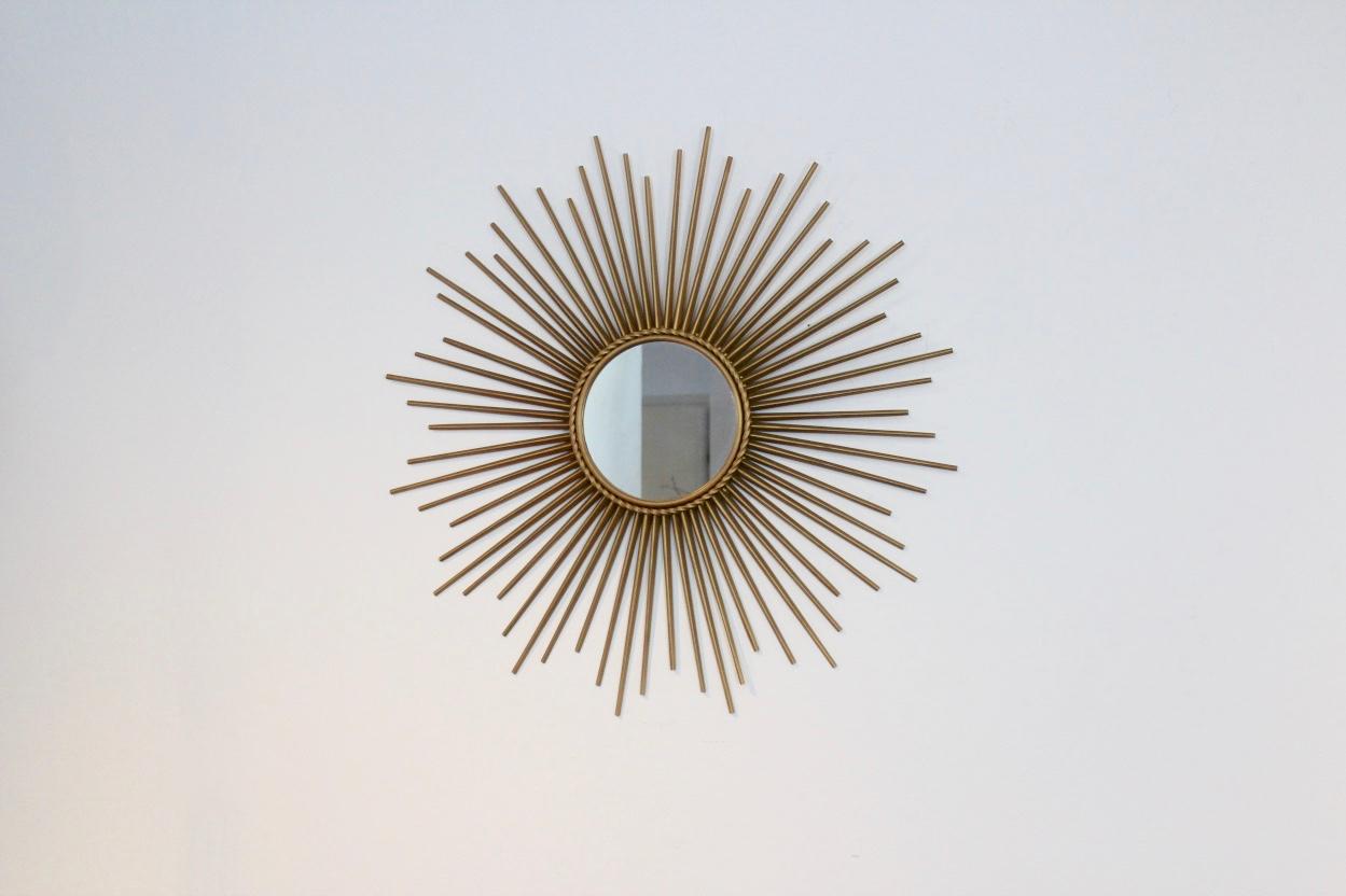 French Elegant Gilded Metal Framed Sunburst Mirror by Chaty Vallauris, France, 1960s