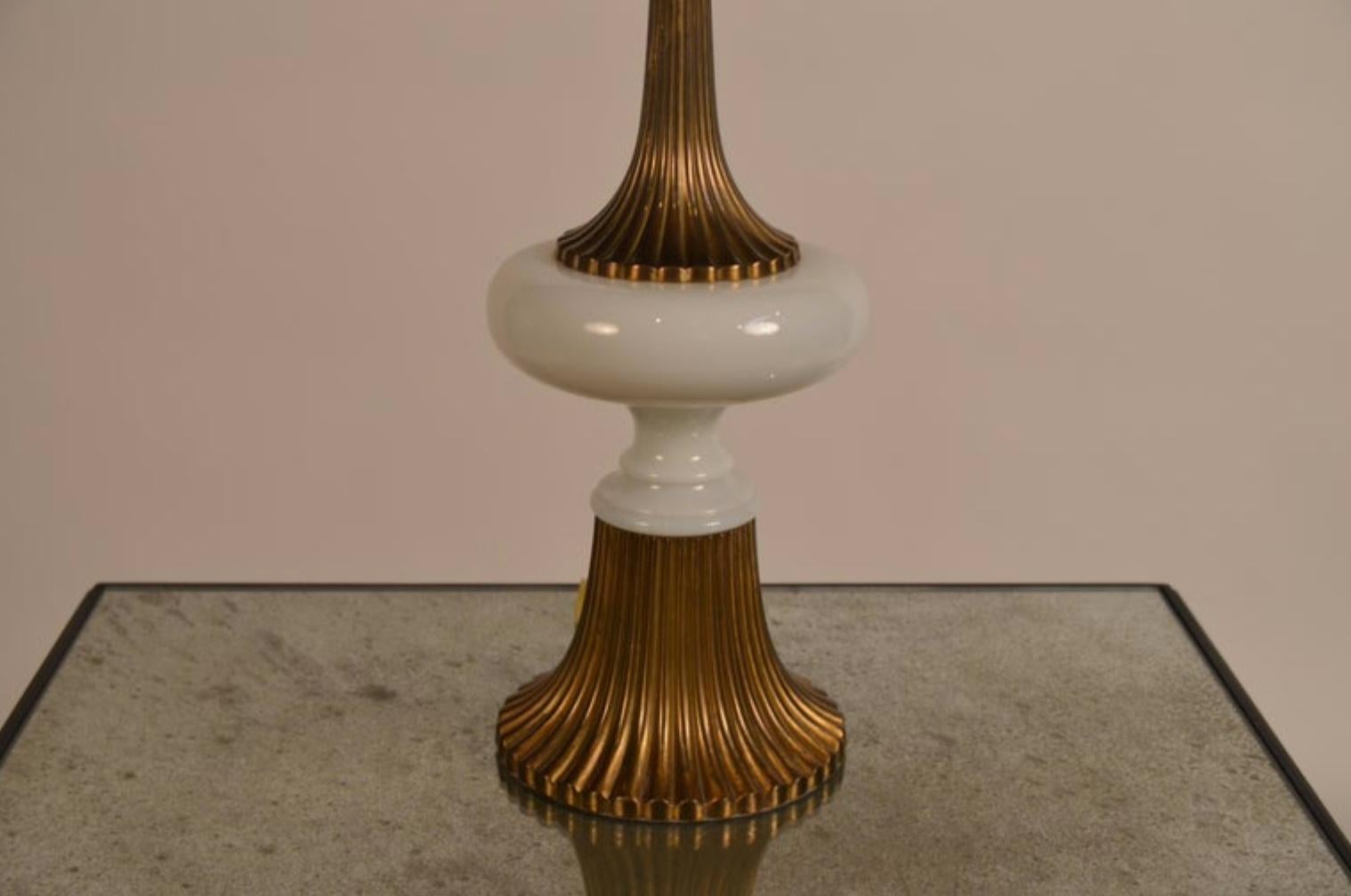 Opaline Glass Elegant Gilt Bronze and Opaline Tassel Lamp in the Style of Tony Duquette For Sale
