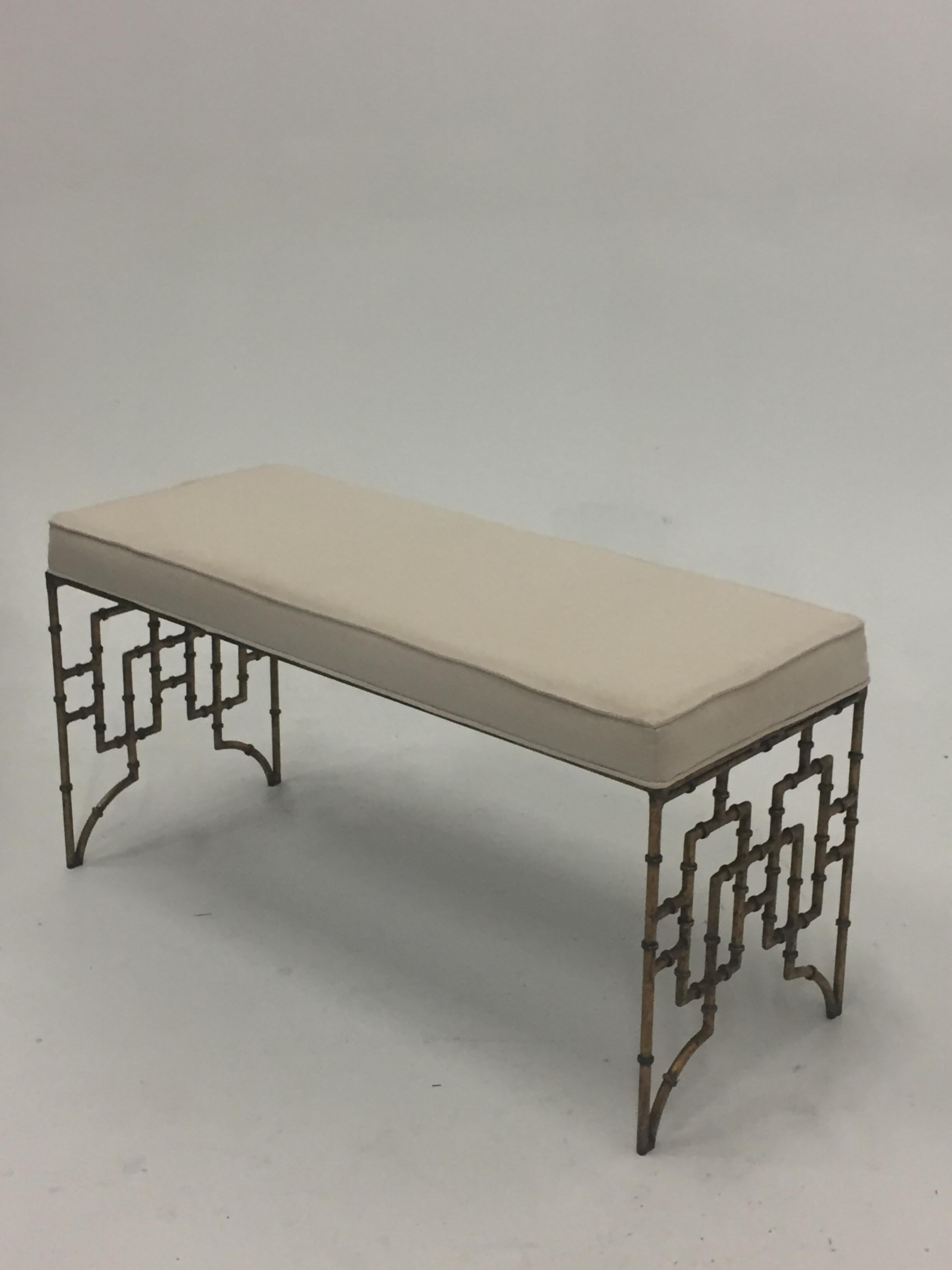 Elegant Gilt Faux Bamboo Bench with New White Duck Upholstery 4