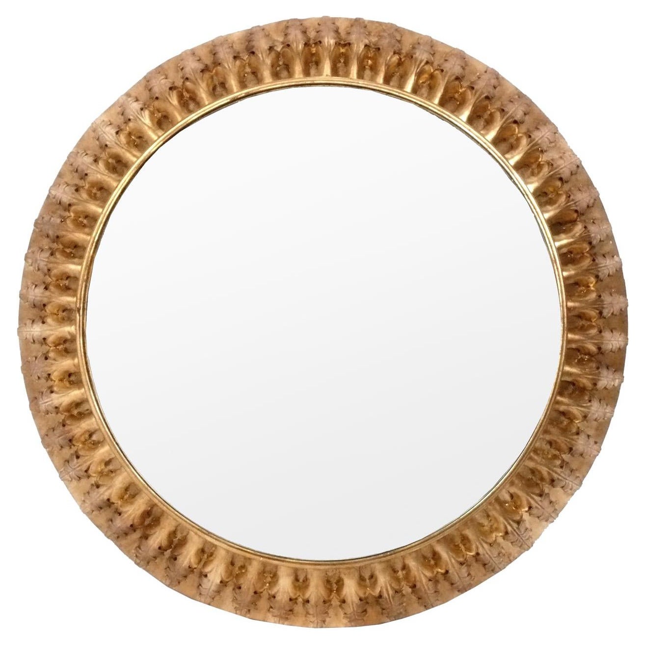 Elegant miroir circulaire à feuillage doré de 39,75" de diamètre circa 1950 en vente