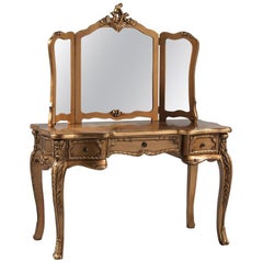 Elegant Gilt French Style Dressing Table with Mirror