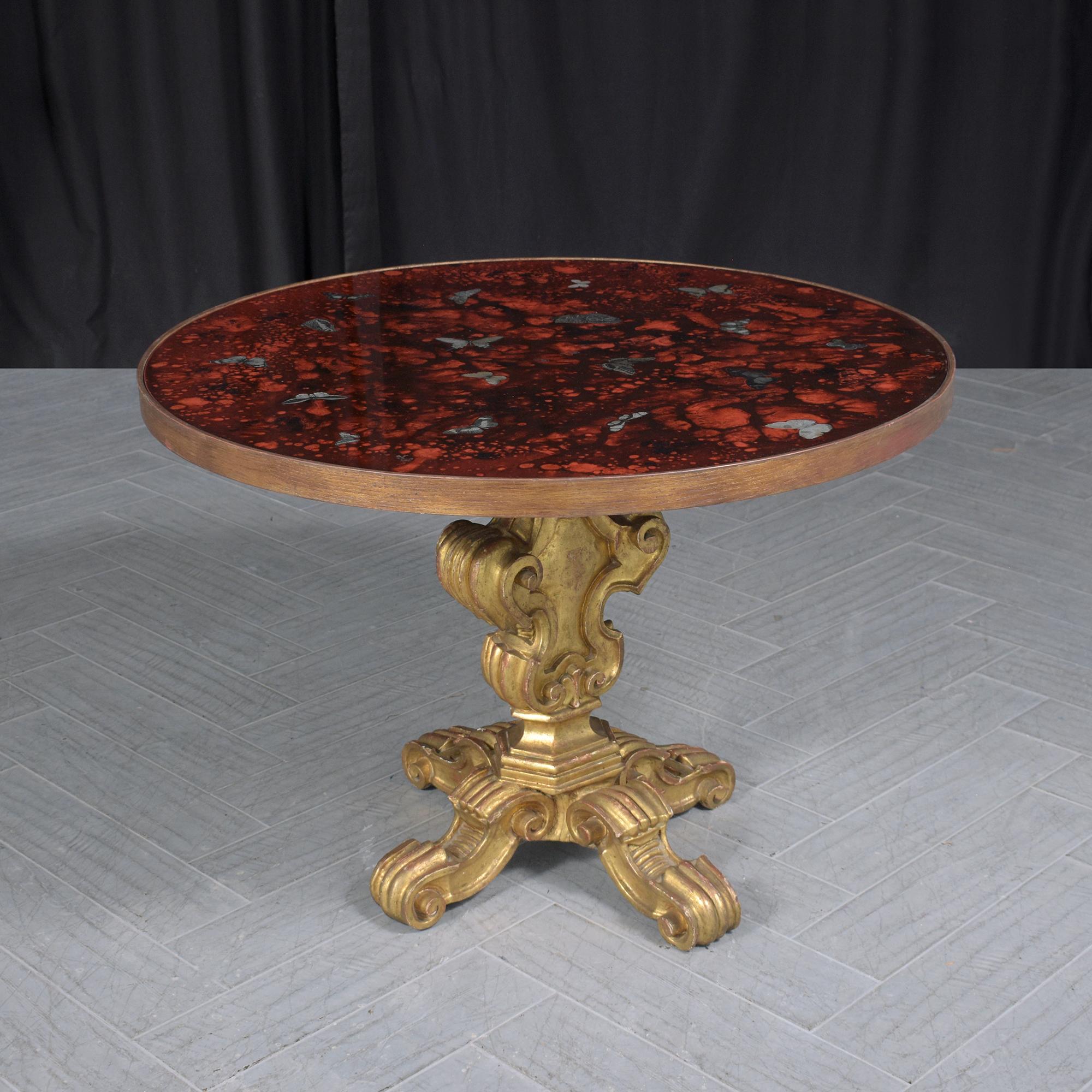 Gilt Wood Round Center Table with Butterfly Inlay: Timeless Artistry For Sale 8