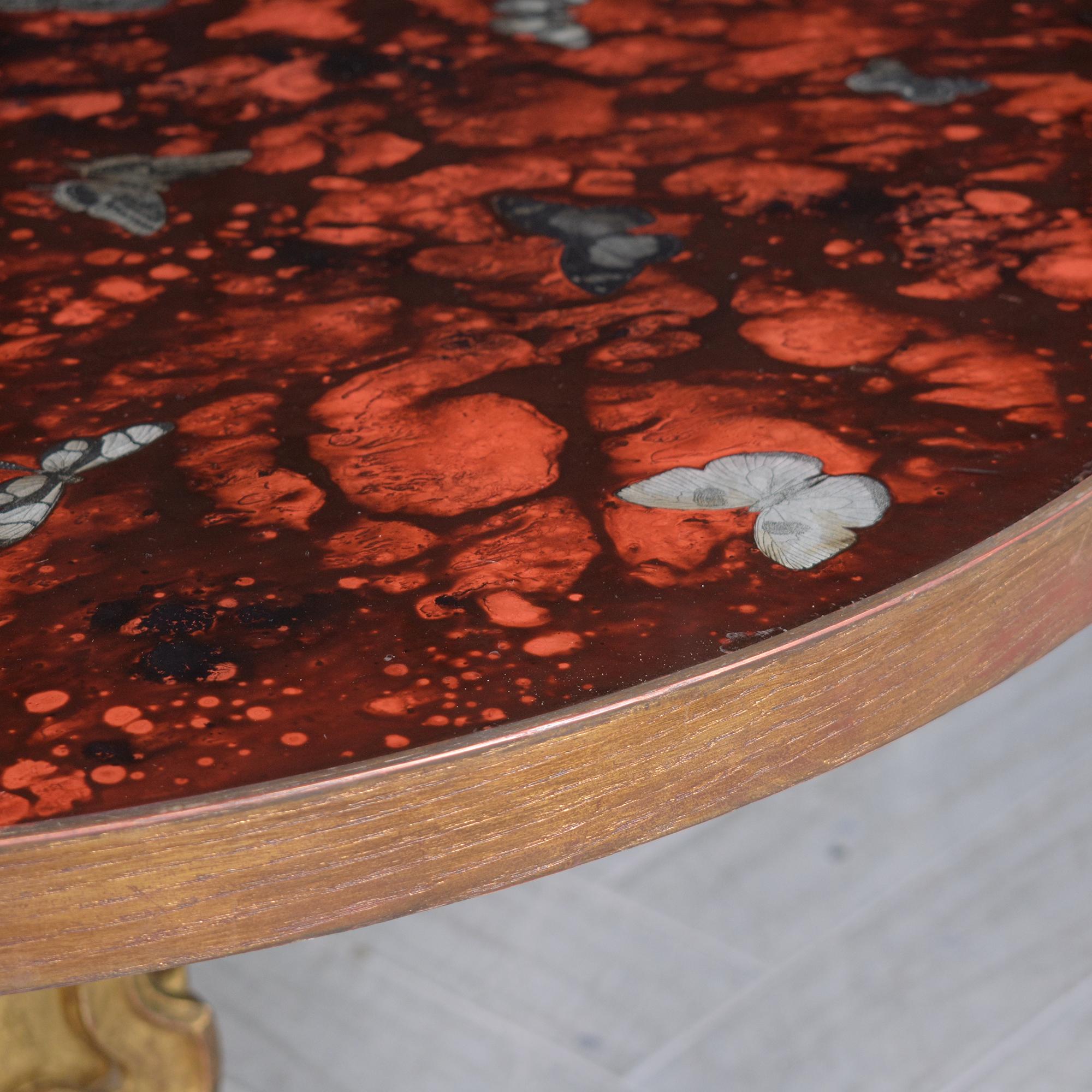 Mid-20th Century Gilt Wood Round Center Table with Butterfly Inlay: Timeless Artistry For Sale