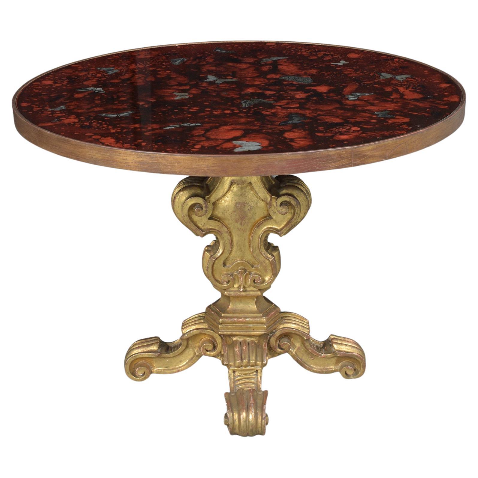 Gilt Wood Round Center Table with Butterfly Inlay: Timeless Artistry For Sale