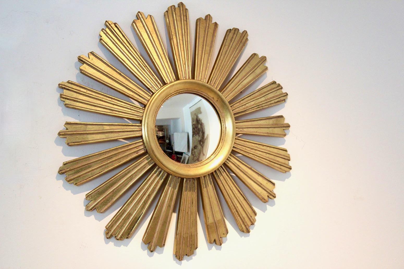 Elegant Giltwood Sunburst Convex Mirror, France, 1950s 1
