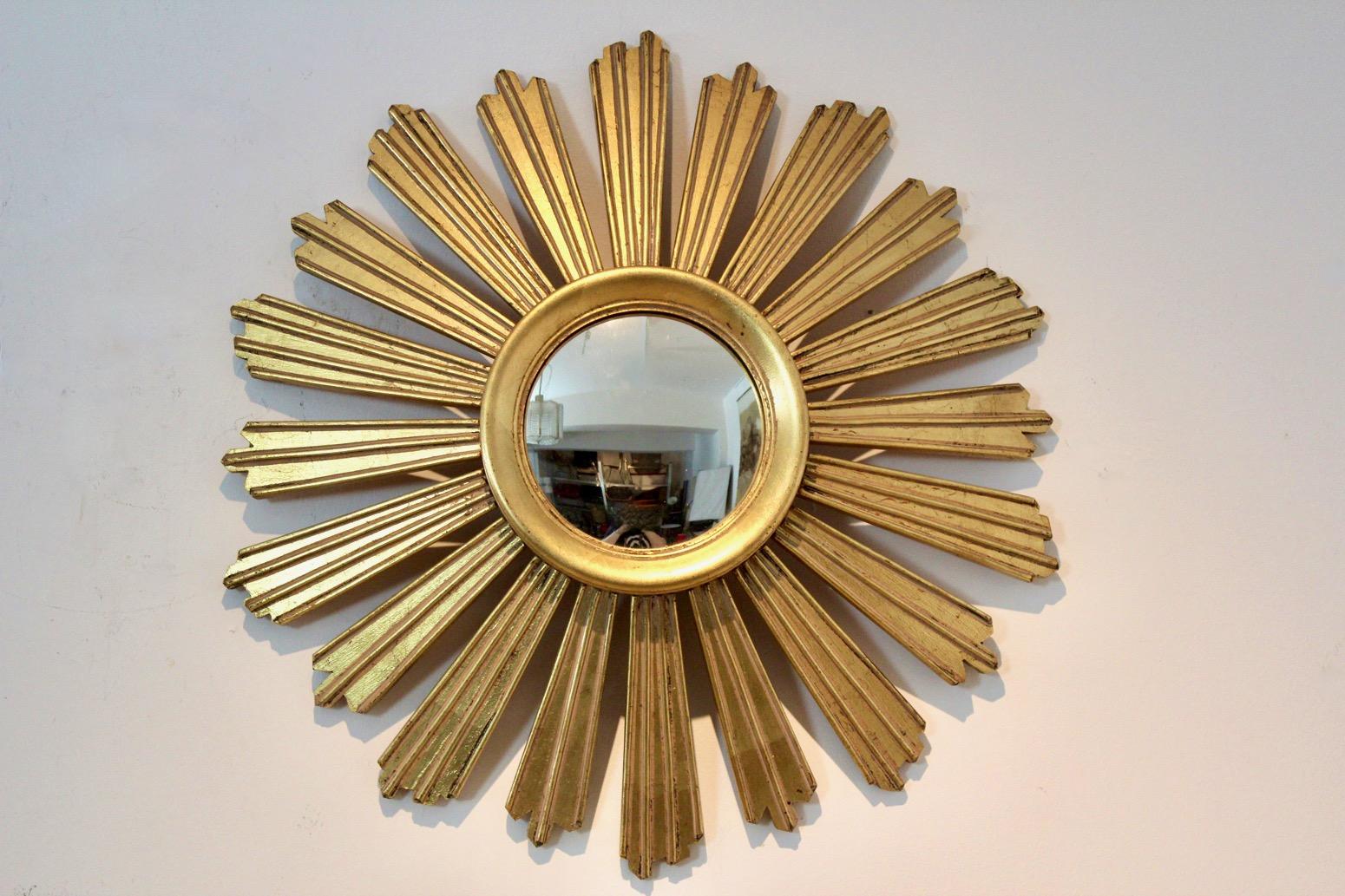 Elegant Giltwood Sunburst Convex Mirror, France, 1950s 2