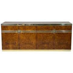 Elegant Glam Pierre Cardin Burled Olive Credenza Case Piece with Brass Detail