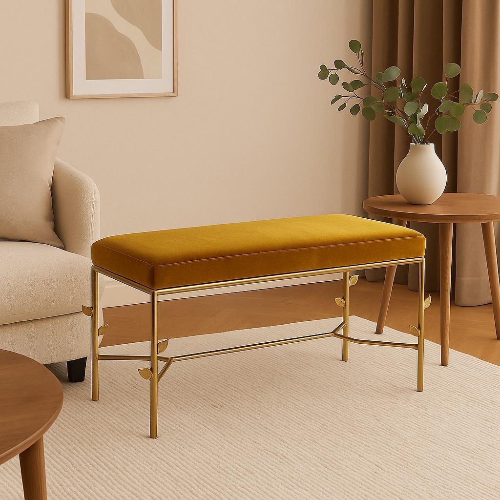 Elegante Banco Glam de Terciopelo con Estructura Decorativa de Latón Moderno en venta