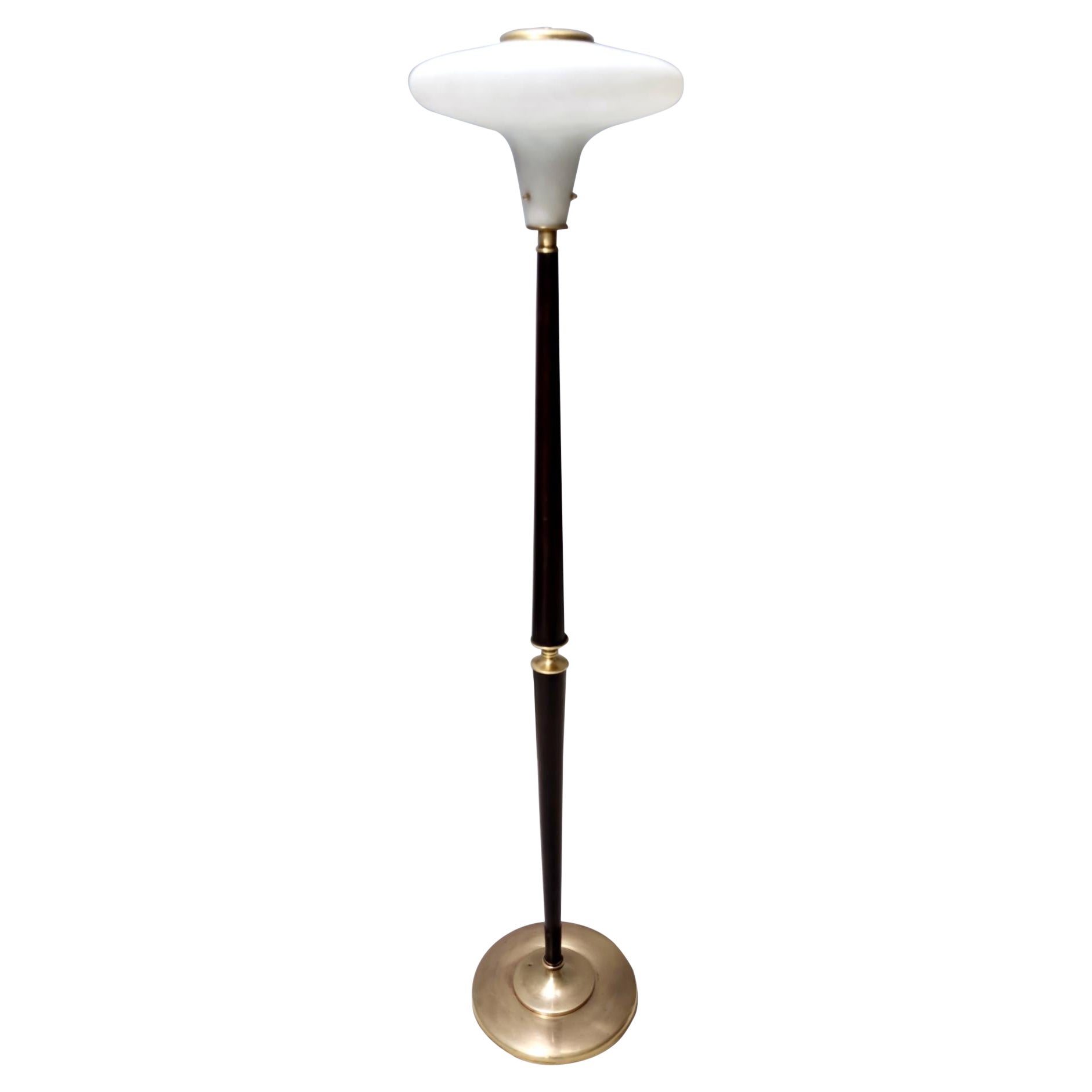 Elegante lampada da terra vintage in vetro, Wood e ottone, Italia