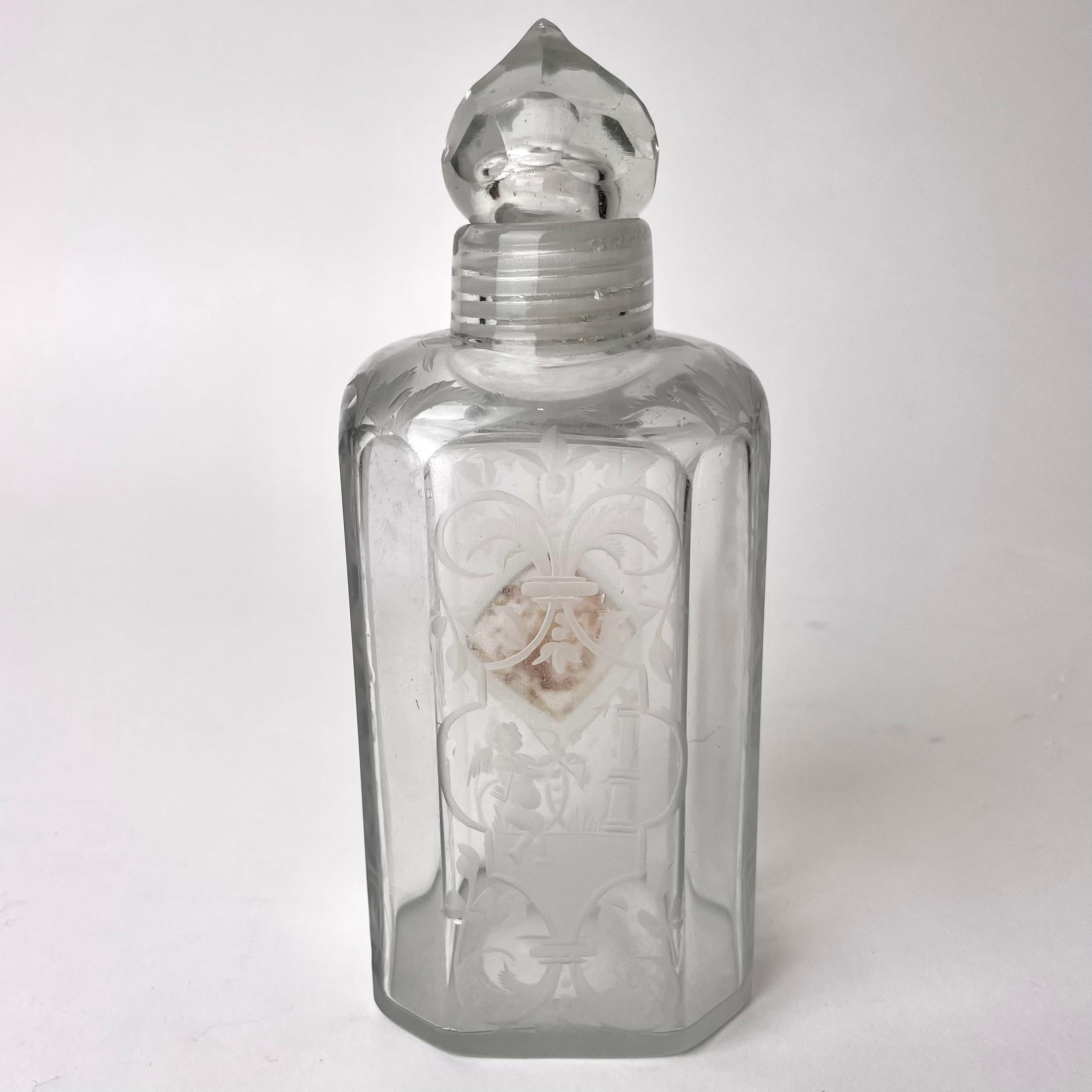 European Elegant Glass Bottle with glass screw cap probably from the 18th Century For Sale