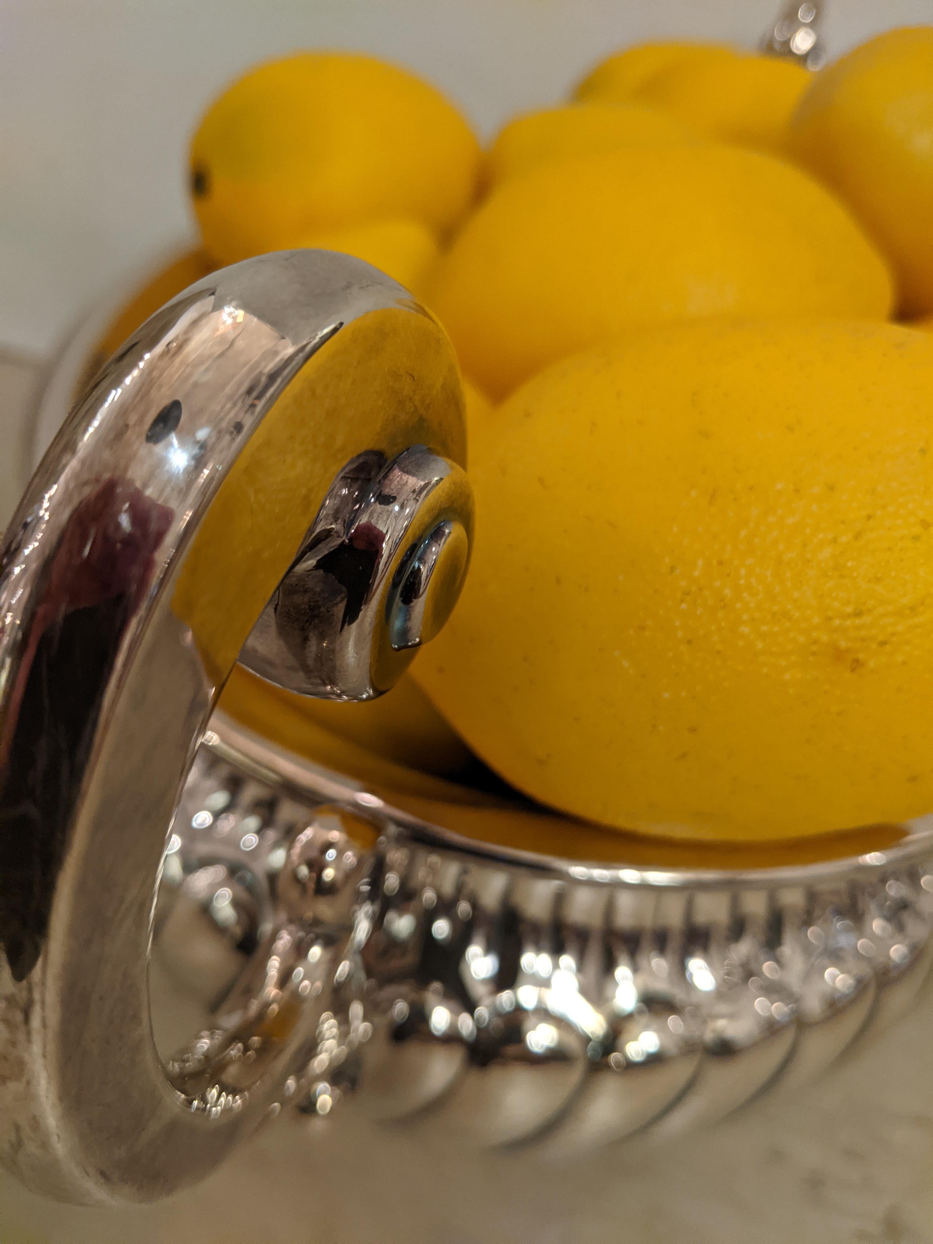 Elegant silver plate tureen with beautiful shine and details. The faux lemons are a nice touch, but can be used for display for whatever your imagination provides.
opening 7.5