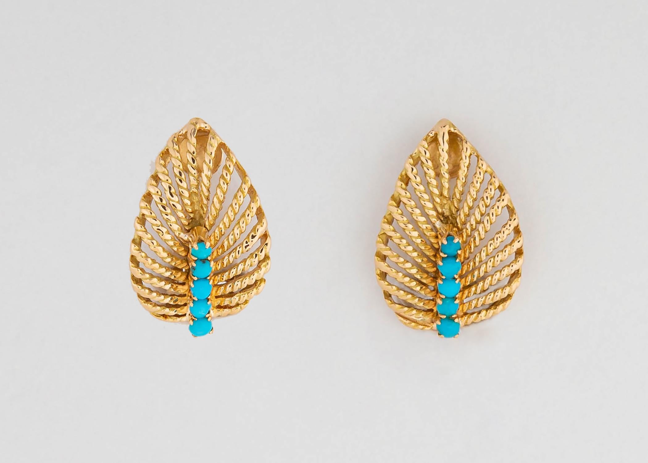 Elegante Ohrringe aus Gold mit türkisfarbenem Blattmotiv (Zeitgenössisch) im Angebot